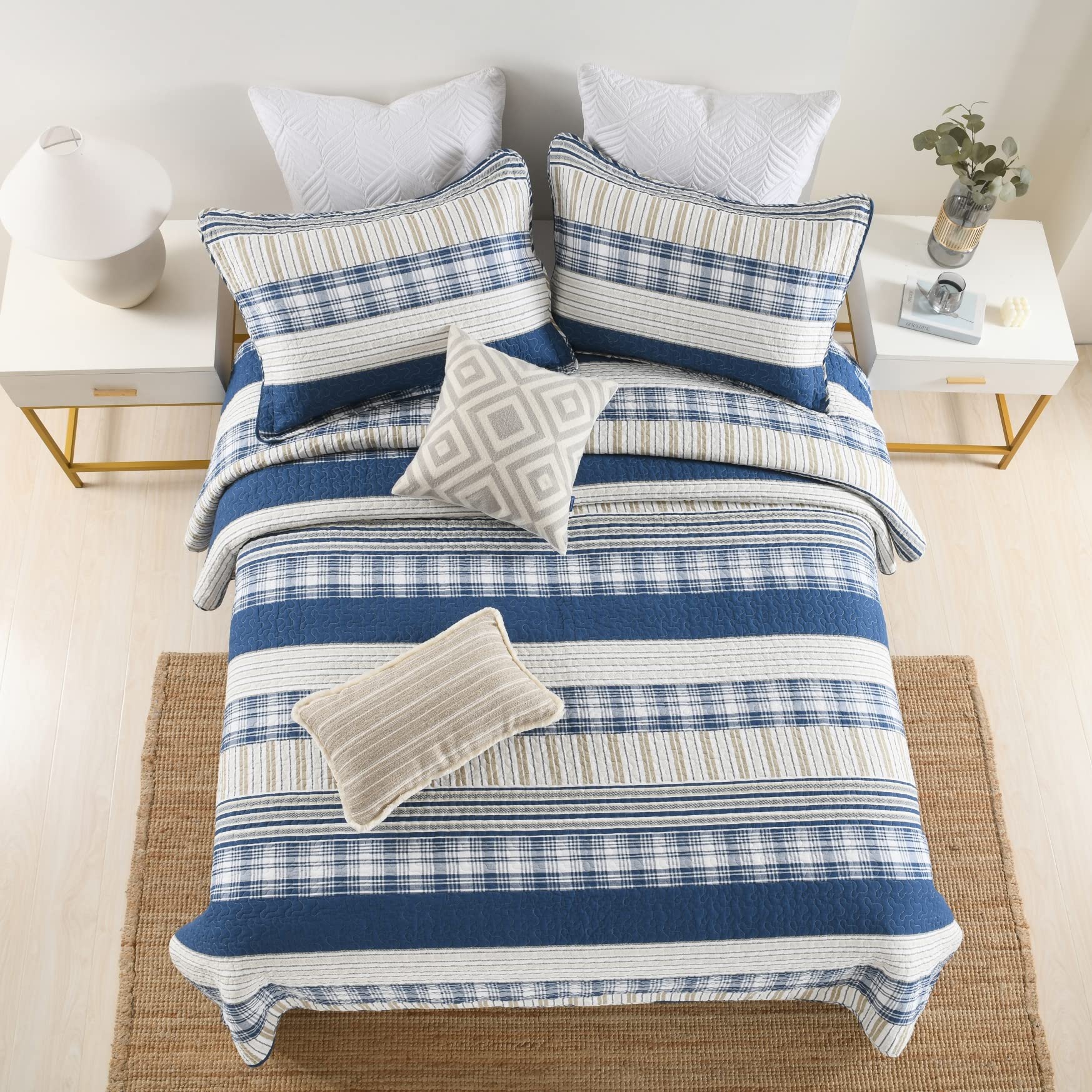 Homzard Queen Size Comforter Set - Blue White Tan Striped Quilt, Plaid Farmhouse Bedspread, Lightweight All-Season Bedding (3-Piece) | Perfect for Cozy Farmhouse & Modern Bedroom Decor