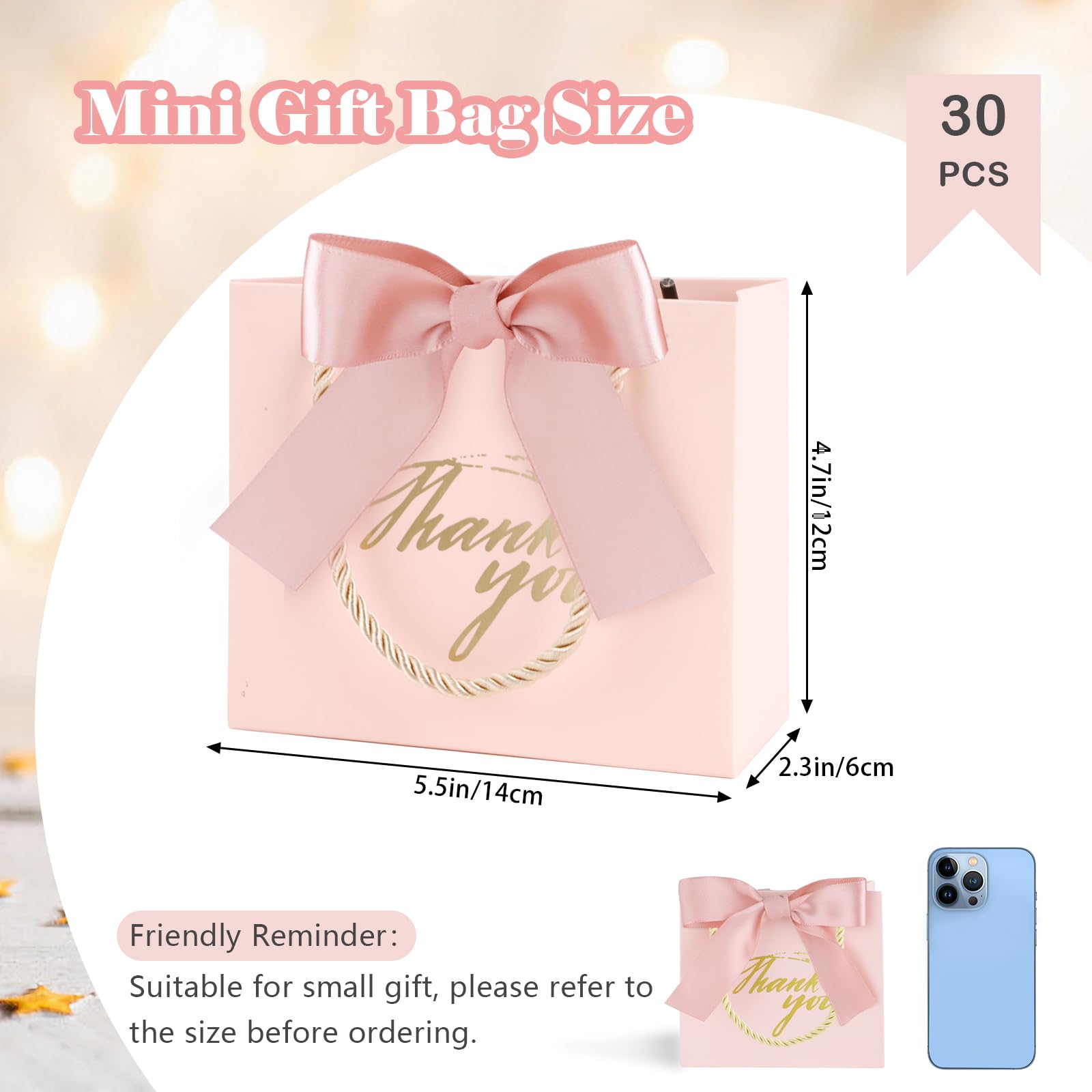 SHAIDOJIO 30-Pack Small Pink Thank You Gift Bags with Handle & Bow Ribbon - 5.5x2.5x4.7 Inch Mini Party Favor Bags for Candy, Wedding Favors, Birthday, Bridal Shower & Baby Shower - Perfect for Party Decorations, Gift Wrapping & Special Occasions