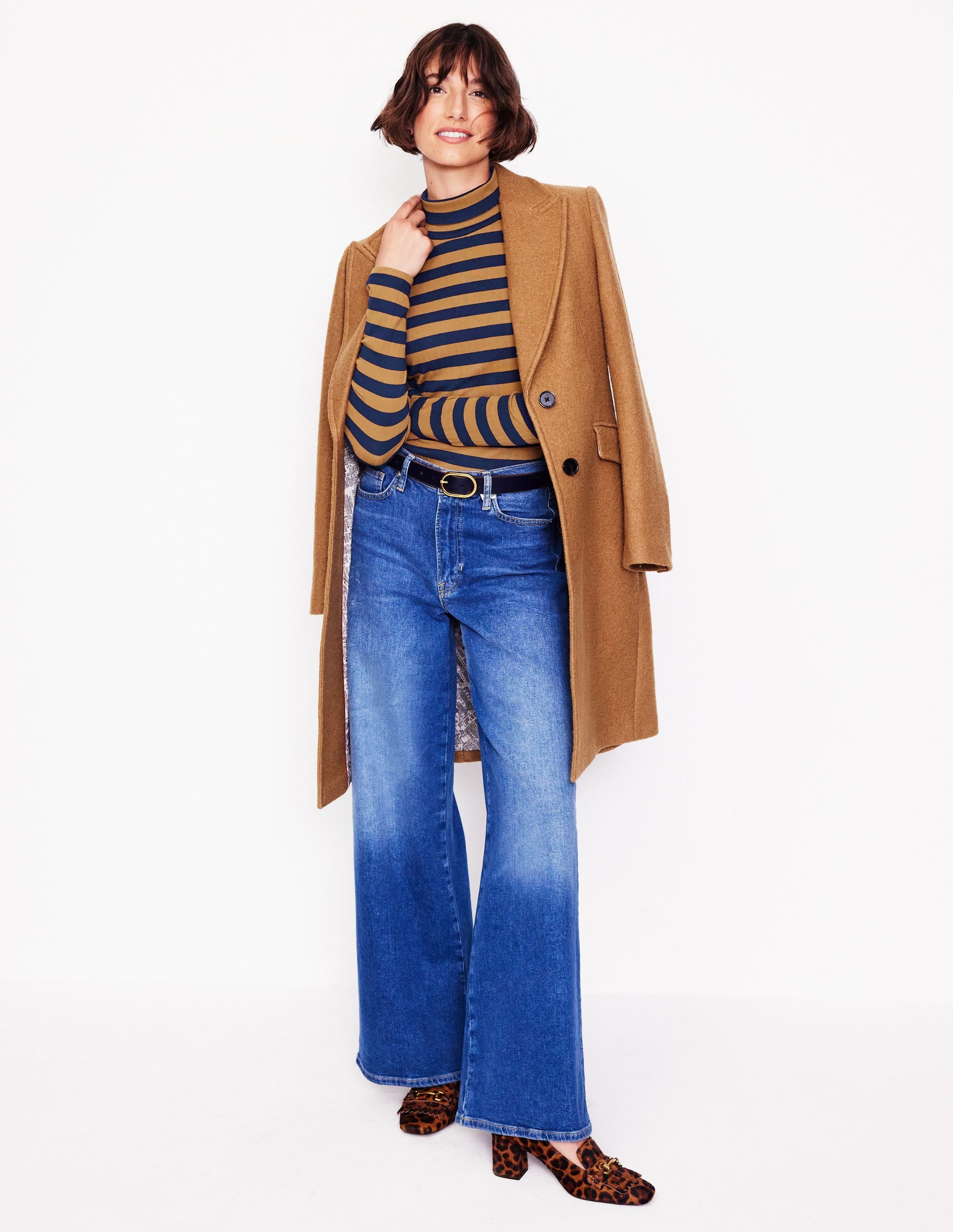 Anna Rib Roll Neck Top - French Navy & Camel - Women's Knit Sweater for Fall & Winter Fashion, Office Wear & Casual Outfits