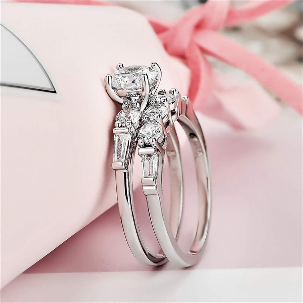 925 Sterling Silver Cubic Zirconia Ring Set - 2PC Shiny CZ Three Stone Eternity Band for Women | Wedding, Engagement, Anniversary Gift Jewelry | Perfect for Bridal Party, Date Night & Special Occasions