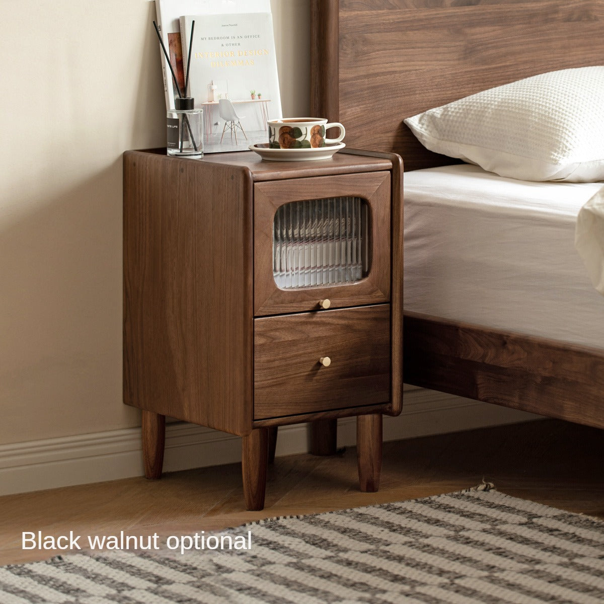 Solid Oak Wood Nightstand with Built-in LED Light - Modern Bedside Table for Bedroom, Living Room, or Office