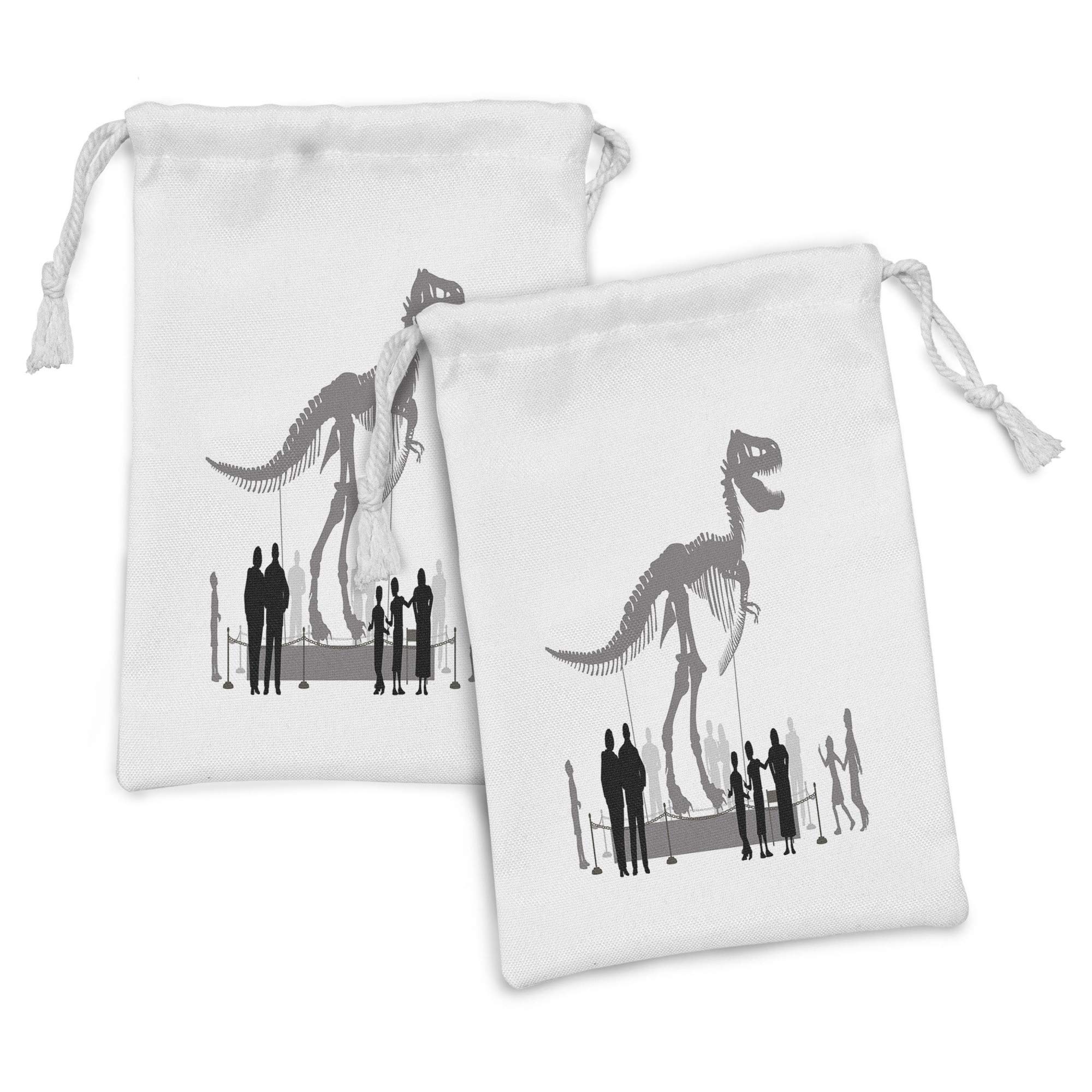 Ambesonne Dinosaur Fabric Pouch Set of 2 - Museum T-Rex Skeleton Design Drawstring Bags (9