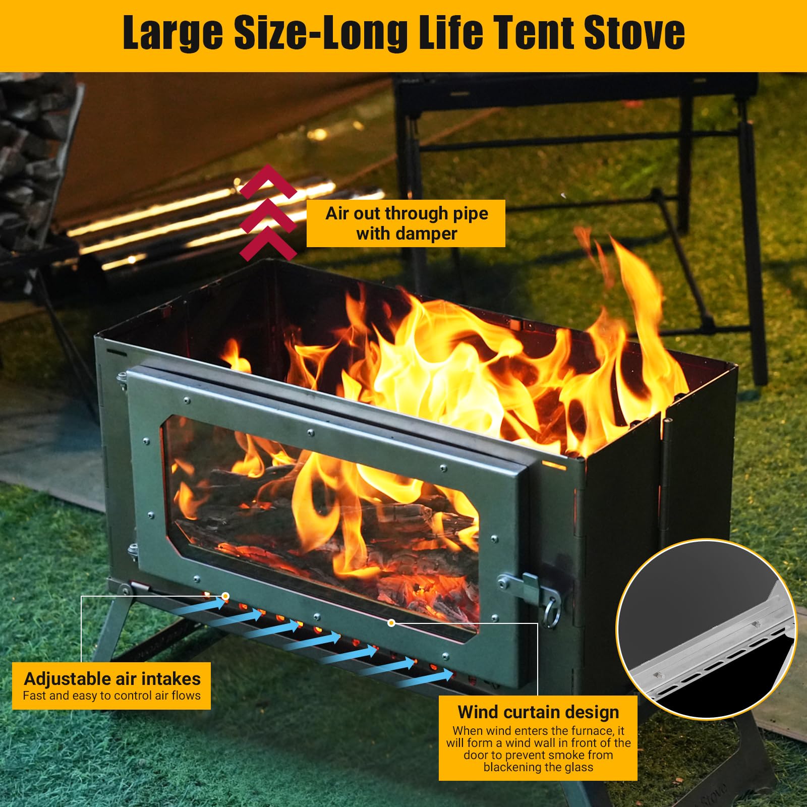 Portable Wood Burning Camping Stove with View Glass - 5 Chimney Pipes Stainless Steel Tent Heater for Outdoor Cooking, Hunting & Winter Camping | Perfect for Backpacking, RV Trips & Emergency Heating