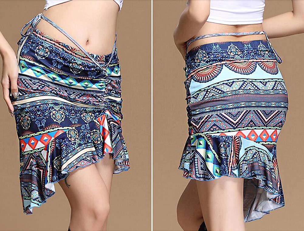 Panda Legends Women's Belly Dance Skirt - Drawstring Waist with Ruffle Hem, Retro Style Deep Blue Performance Costume for Belly Dancing, Stage Shows & Cultural Events