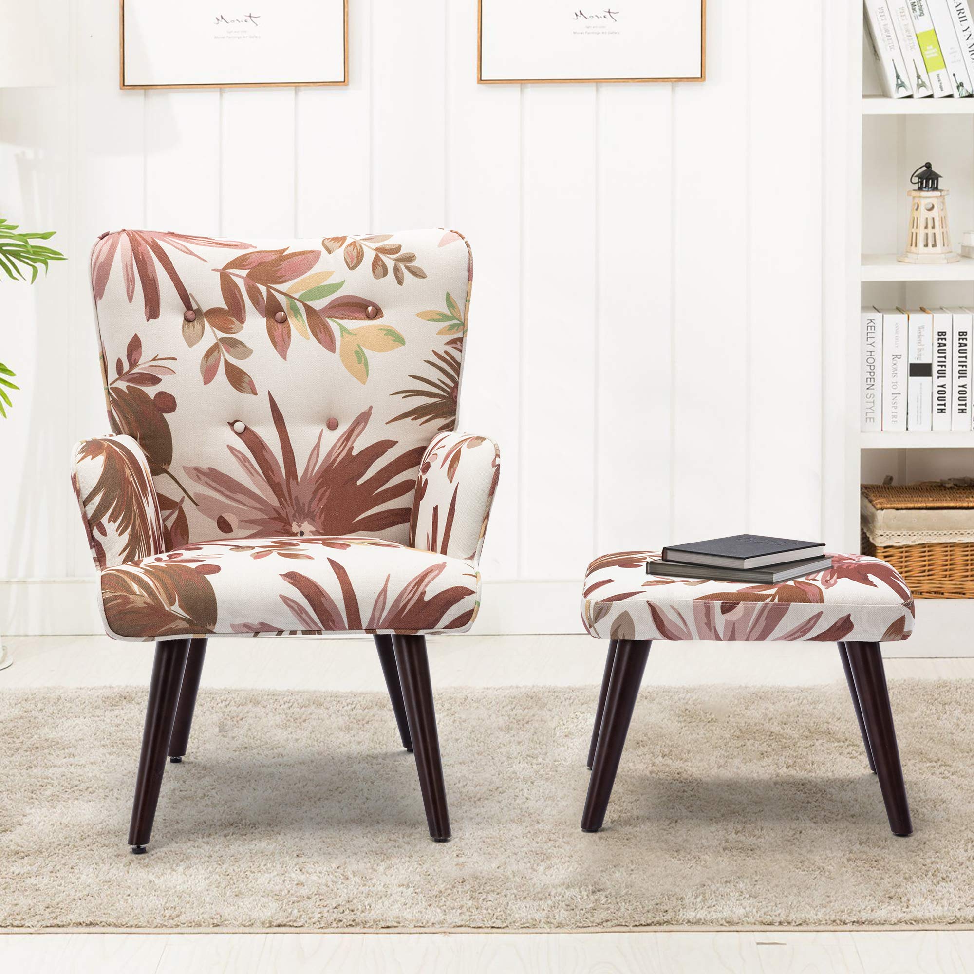 HomVent Velvet Accent Chair with Ottoman Set - Solid Wood Legs Upholstered Armchair for Living Room & Bedroom - Comfy Reading Lounge Chair in Brown - Perfect for Relaxing, Reading or Decorating Your Home