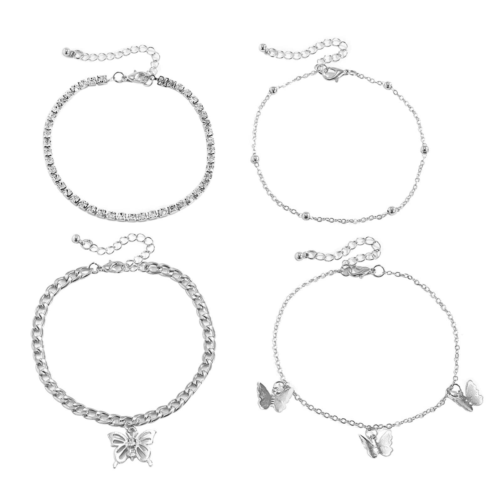 4Pcs Adjustable Layered Butterfly Ankle Bracelets for Women & Girls - Boho Beach Jewelry for Summer Vacations, Pool Parties & Festivals
