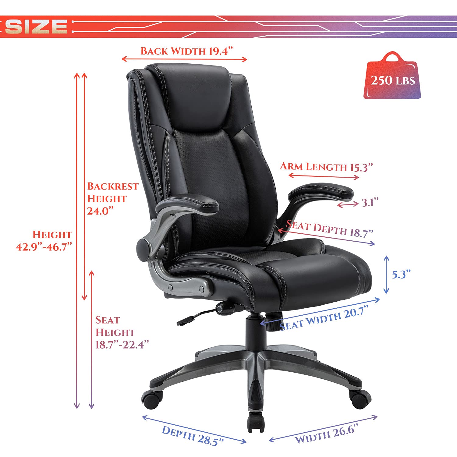 COLAMY Ergonomic High Back Office Chair with Flip-Up Arms - Adjustable Executive Desk Chair with Built-in Lumbar Support - Bonded Leather Computer Chair for Home, School & Office - Perfect for Long Work Hours, Gaming & Remote Work
