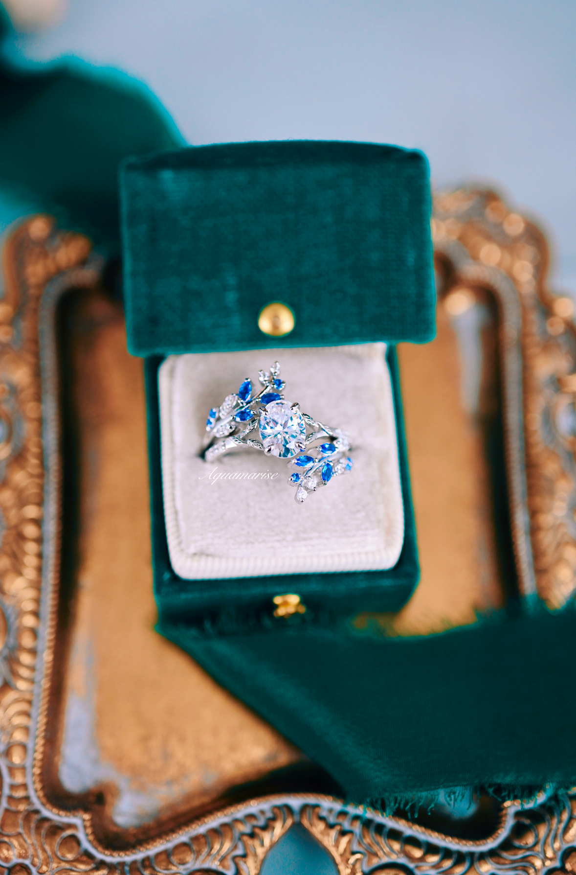 IGI Certified 14K White Gold Lab Grown Diamond & Sapphire Leaf Ring Set - Elegant Jewelry for Weddings, Anniversaries & Special Occasions