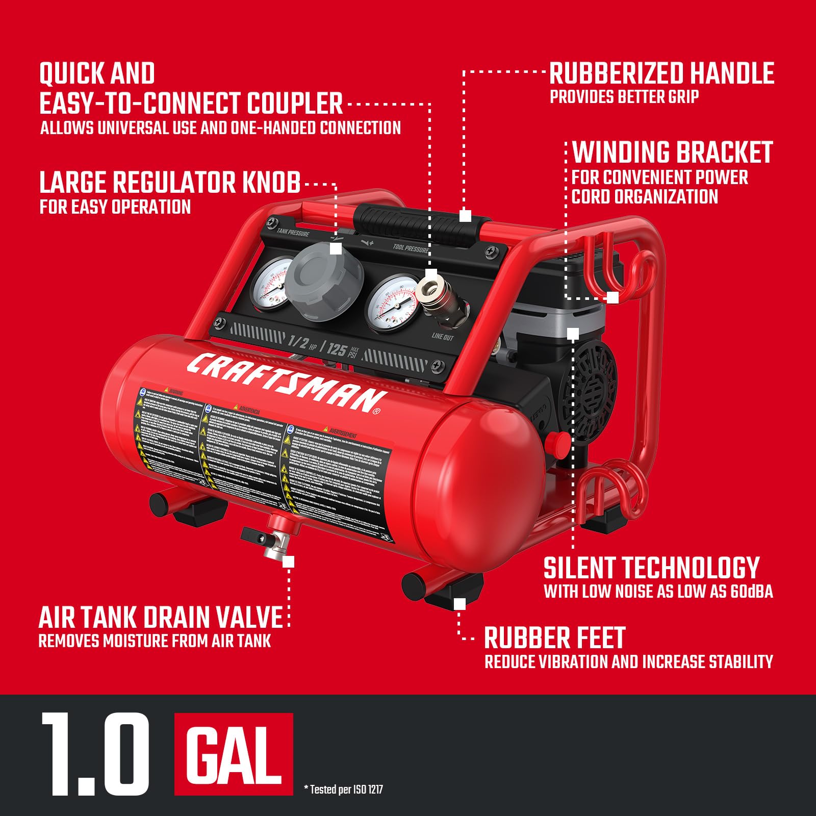 CRAFTSMAN 1 Gallon Ultra Quiet Oil-Free Air Compressor - 1/2 HP, 125 PSI, Horizontal Portable Air Pump for Car Tires, Nail Guns & Pneumatic Tools - Perfect for Home Garage, DIY Projects & Professional Use