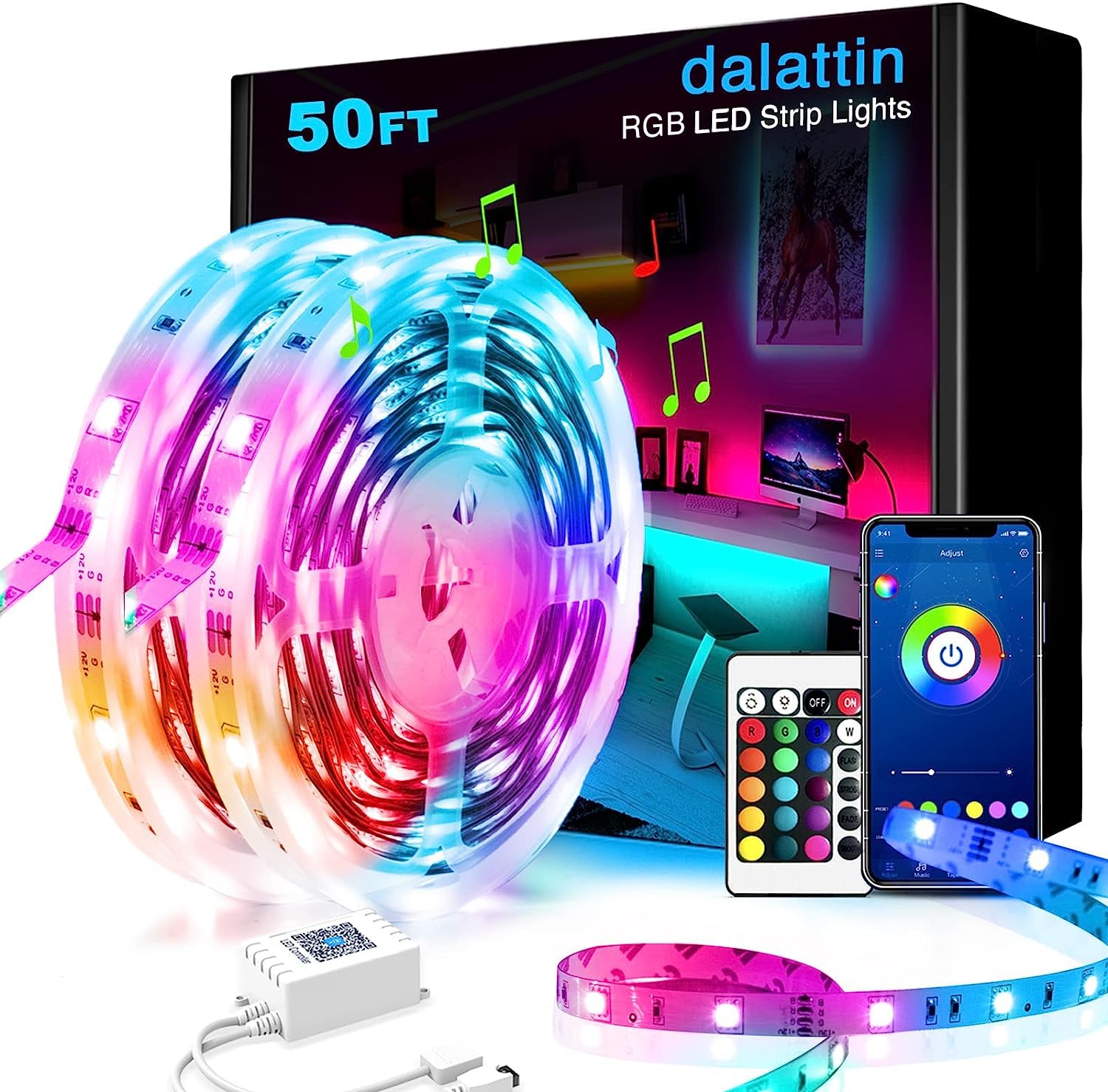 50ft LED Strip Lights RGB Color Changing with Remote & App Control - 2 Rolls of 25ft 5050 LED Lights for Bedroom, Party, Home Decor - Sync to Music for Valentine's Day & Romantic Ambiance