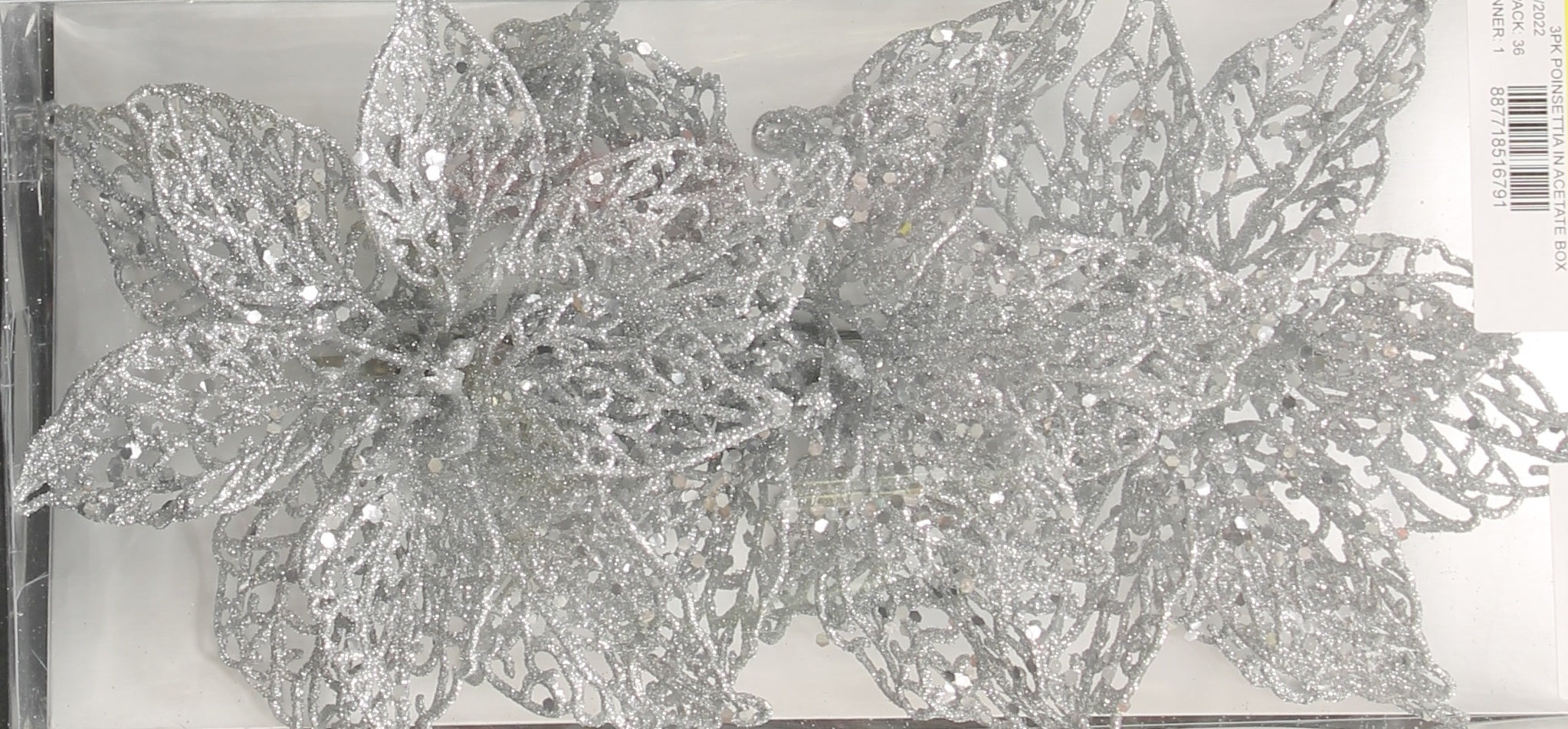 3 Pack Glitter Poinsettia Silhouette Christmas Tree Ornaments - White and Silver Holiday Decorations for Xmas Tree, Wreaths, Gifts & Festive Home Decor