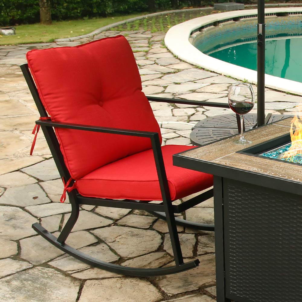 BALI OUTDOORS 2-Piece Patio Rocking Chair Set with Thick Red Cushions & Black Steel Frame - Modern Outdoor Rocker Furniture for Garden, Porch, Backyard Relaxation