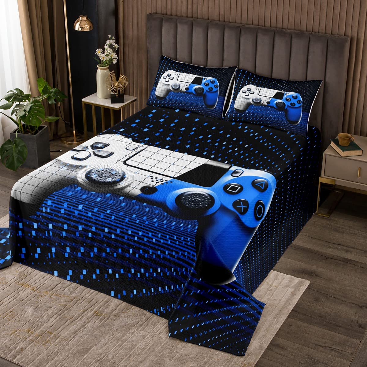 Ultra Soft 3D Video Gamepad Quilted Coverlet Bedding Set - Blue White Black Gaming Bedspread for Boys, Kids & Teens - Queen Size 3Pcs - Perfect for Game Room Decor & Cozy Gaming Nights