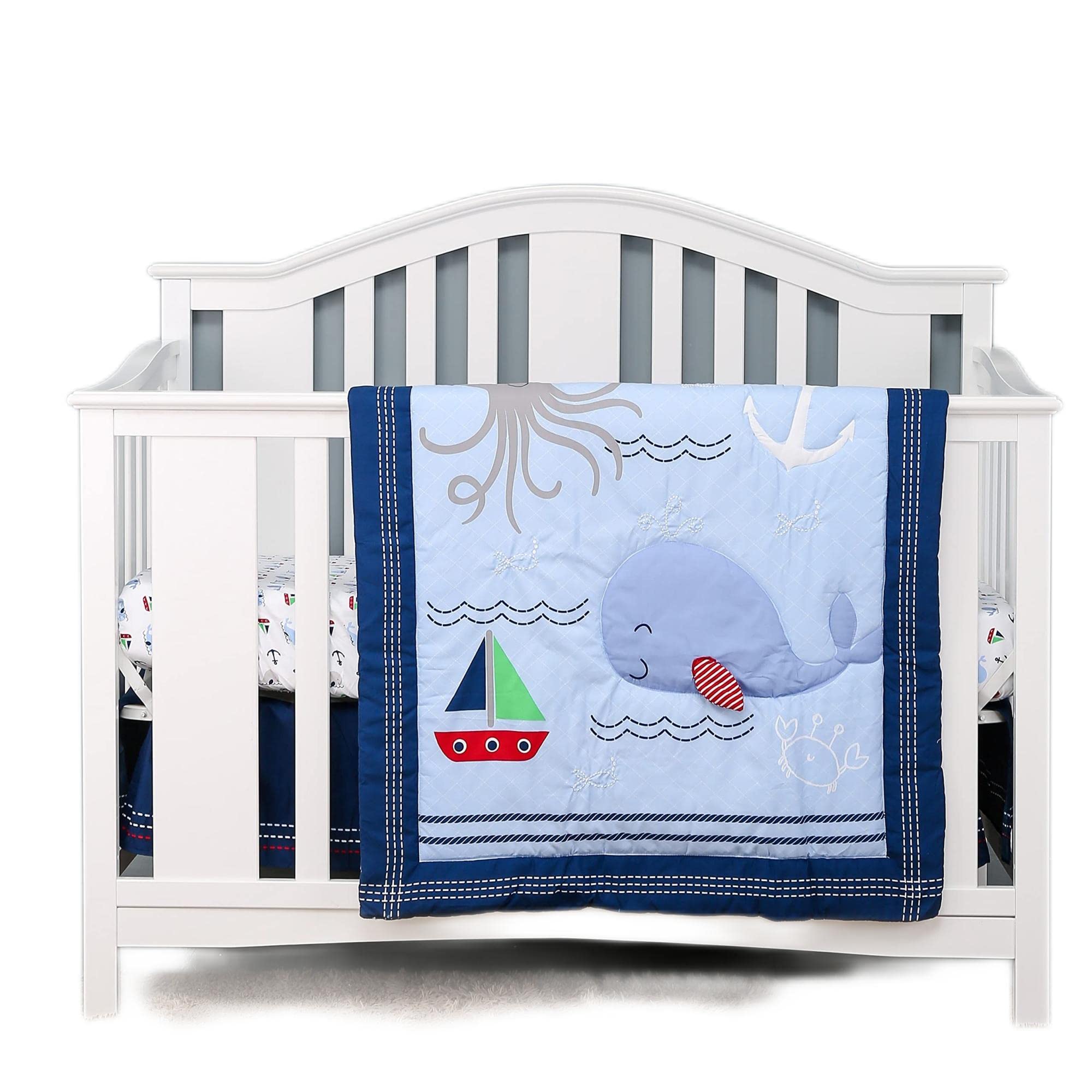 Sweet Baby Whale Crib Bedding Set for Boys - 4 Piece Nursery Set with Quilt, Fitted Sheet, Dust Ruffle & Blanket | Soft Blue Ocean Theme Baby Bedding for Newborn & Toddler | Perfect for Nursery Decor, Baby Shower Gift & Cozy Sleep