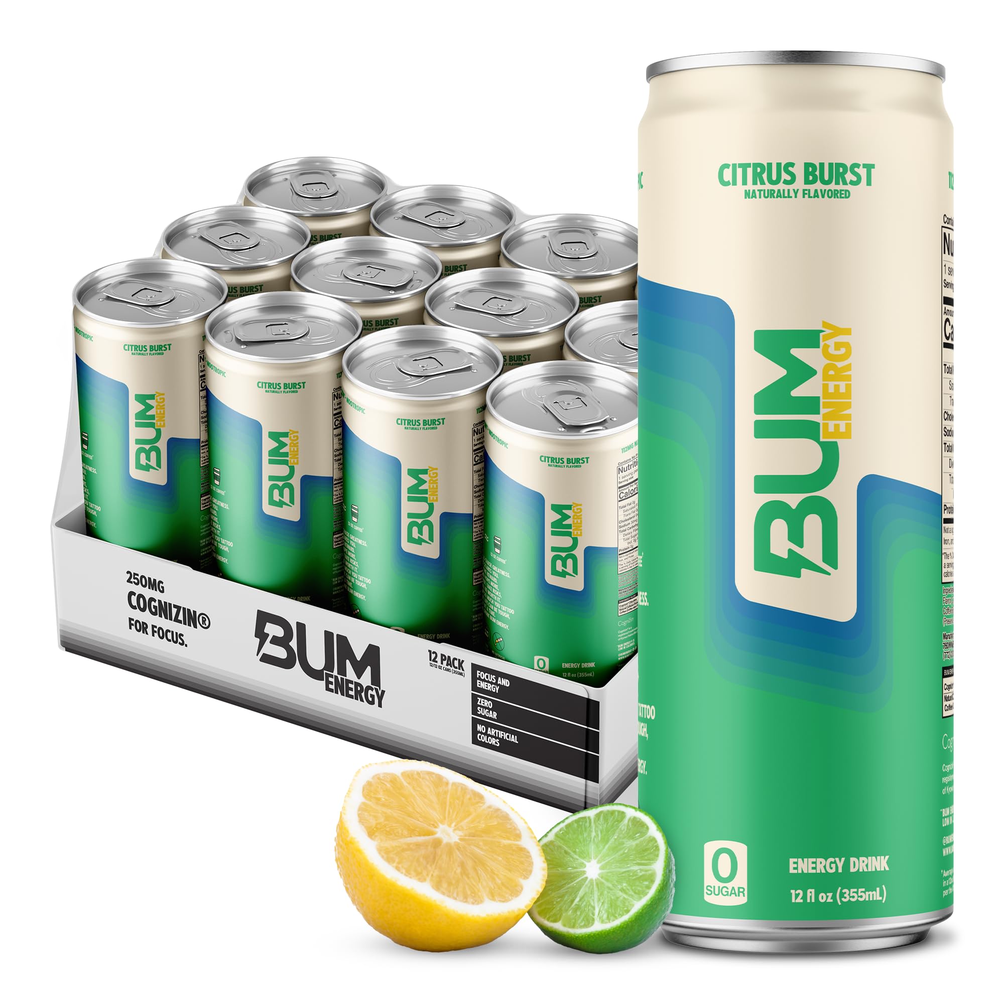 Sugar-Free Bum Energy Drinks - 12 Pack (355ml Each) | Low-Calorie Caffeine Boost for Workouts, Gaming & All-Nighters