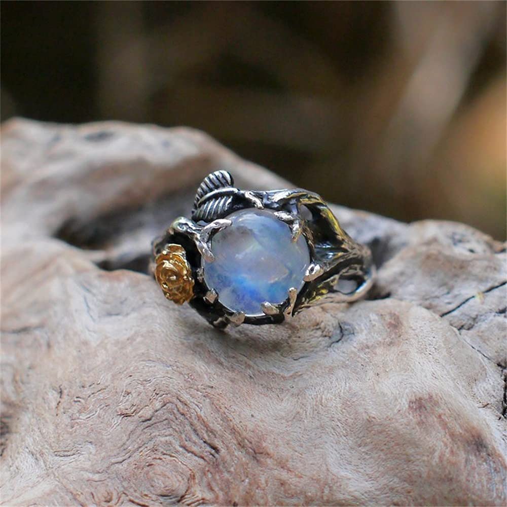 Vintage Rainbow Moonstone Ring - Sterling Silver & Solid Gold Two-Tone Moonstone Engagement Ring with Rose Flower & Twig Design - Thai Silver Jewelry ST.236 6 - Perfect for Weddings, Anniversaries, and Boho Fashion