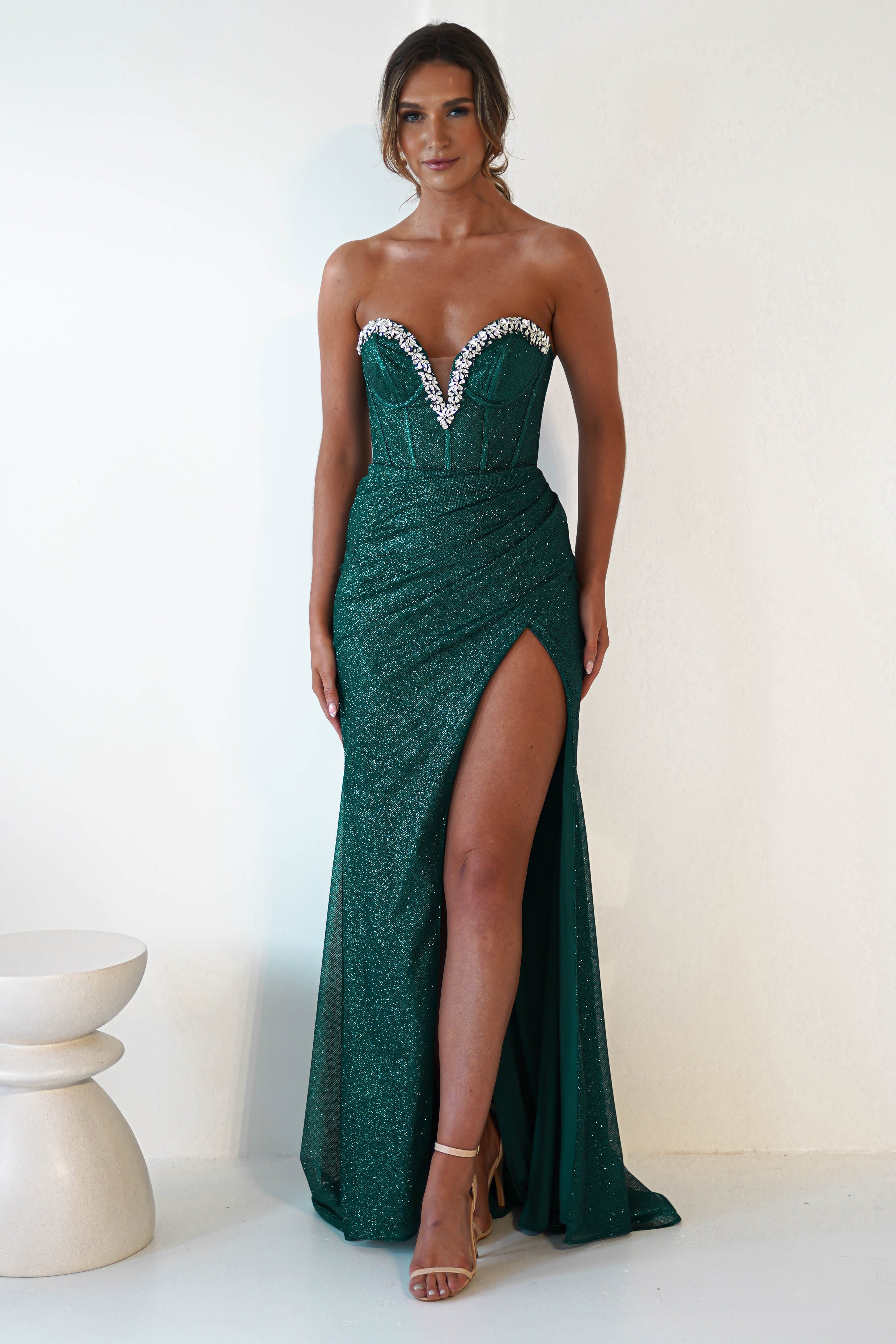 Stephanie Strapless Glitter Gown | Emerald Green Prom Dress for Women | Formal Evening Gown for Homecoming, Ball, Party & Special Occasions