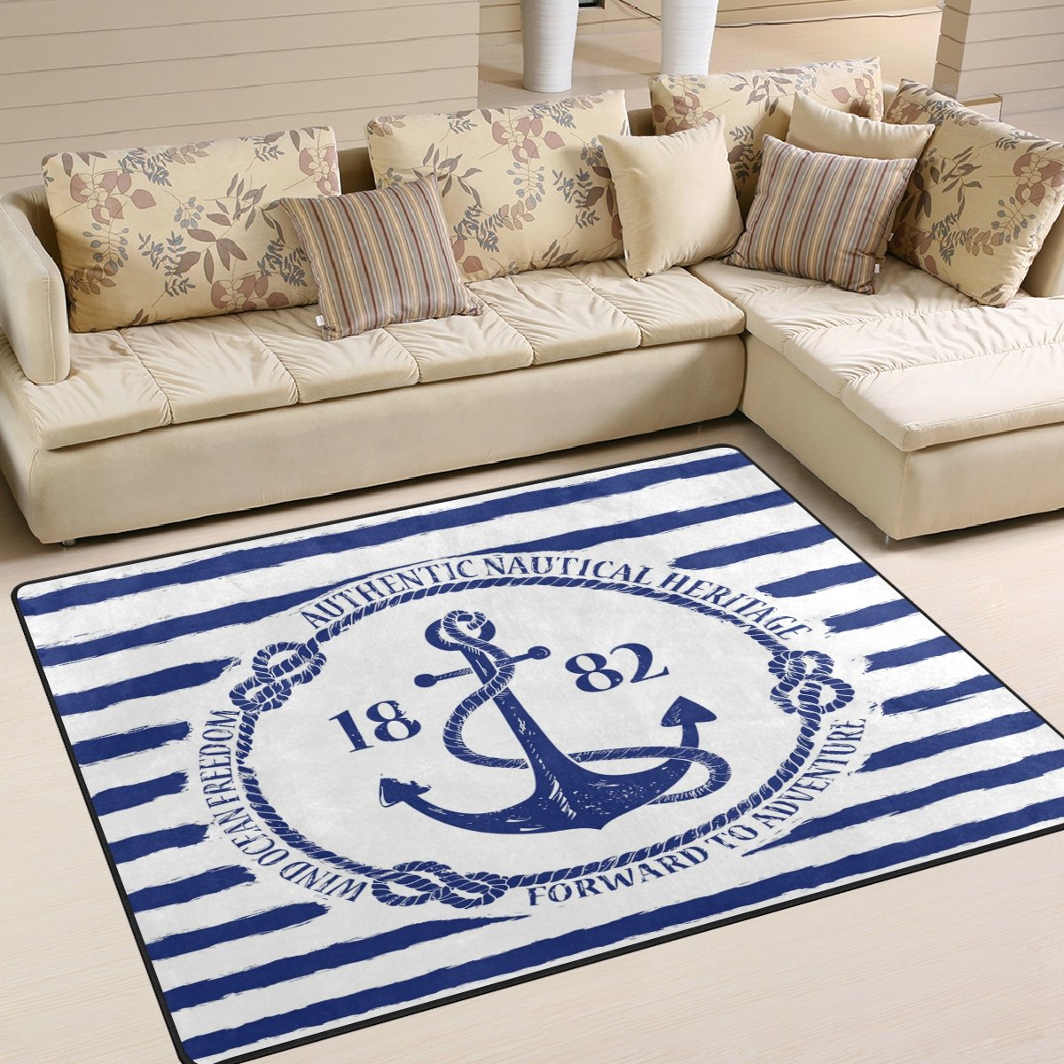 ALAZA Blue and White Nautical Anchor Striped Area Rug 5'3