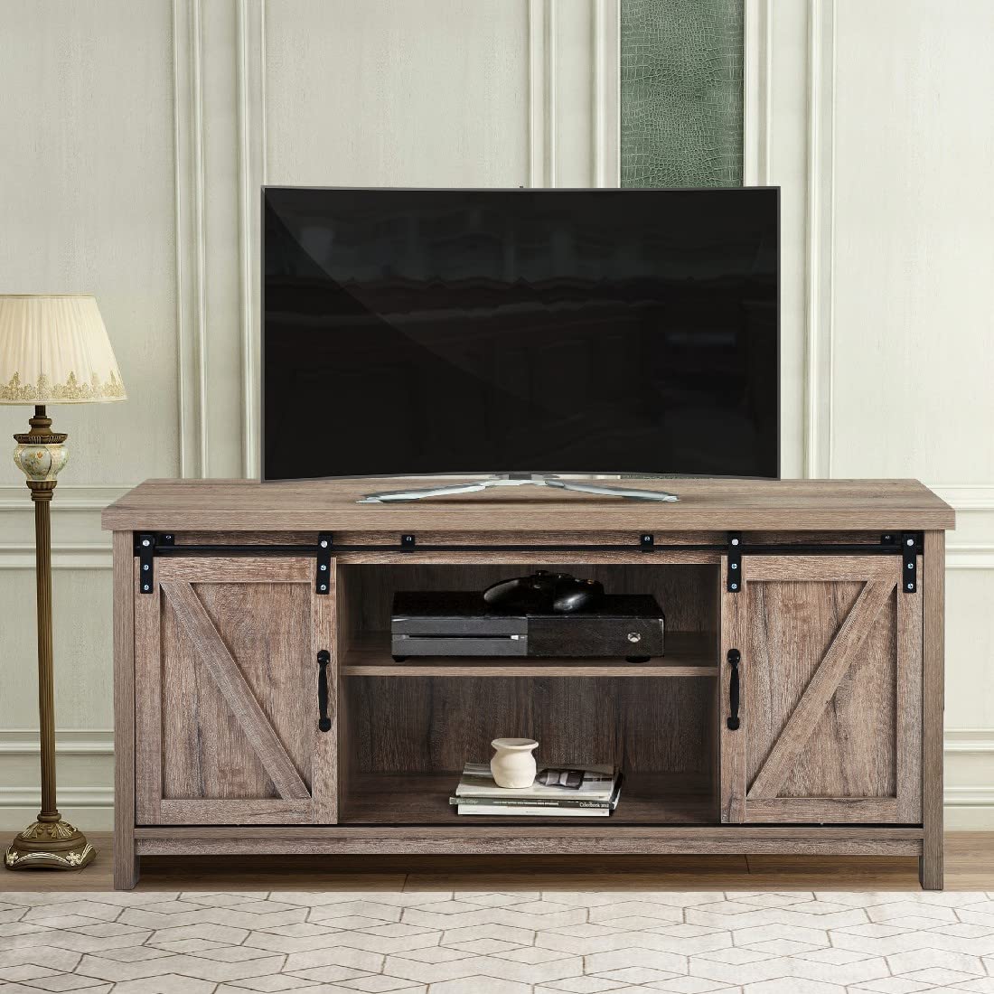 Modern Farmhouse TV Stand with Barn Doors - Solid Wood Entertainment Center for Living Room, Media Console with Removable Door Panels, Fits TVs Up to 60 Inches (Oak) - Perfect for Rustic Home Decor & Cozy Family Movie Nights