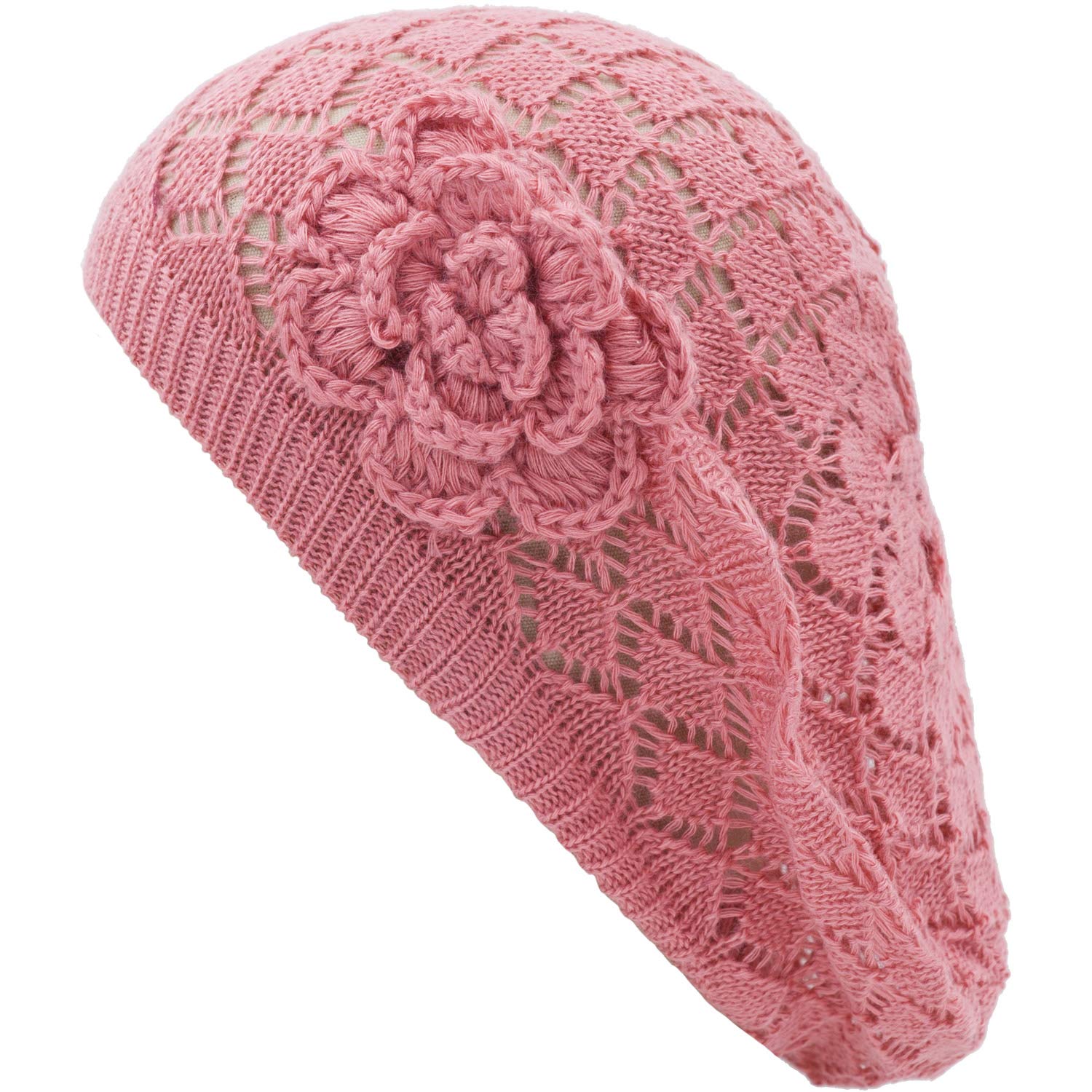 Women's Crochet Flower Beanie Hat - Lightweight Knit Beret with Cutout Design - Fashionable Winter Cap for Women - Perfect for Outdoor Activities, Travel & Casual Wear