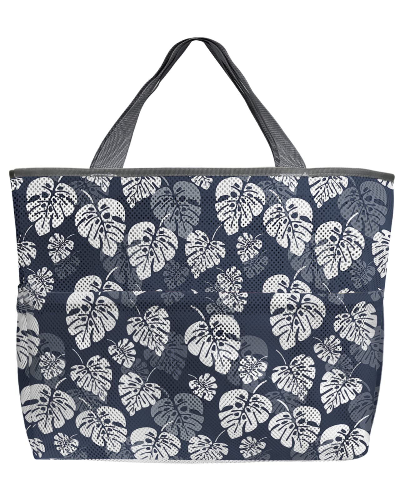 60L Oversized Mesh Beach Tote Bag with Pockets - Tropical Monstera Print, Quick-Dry & Foldable - Perfect for Beach, Pool, Grocery Shopping & Travel - Lightweight & Durable (24