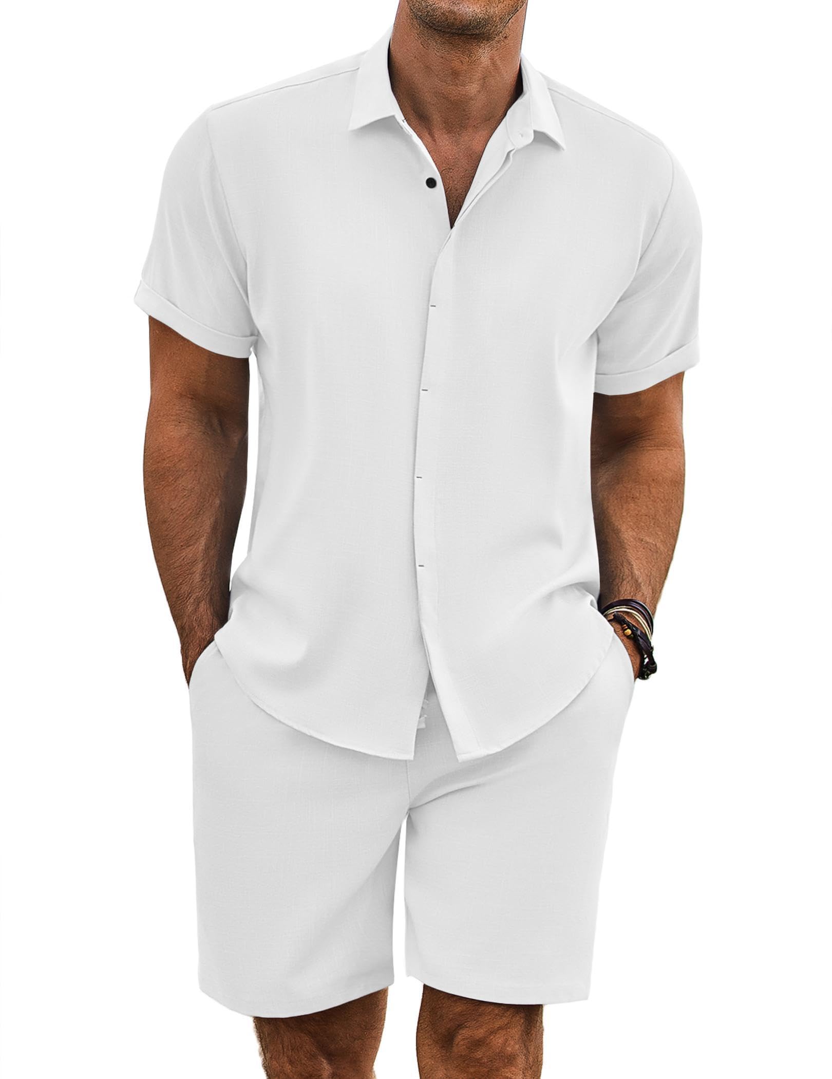 COOFANDY Men's Linen 2-Piece Outfit - Breathable Short Sleeve Shirt & Comfortable Shorts Set for Summer, Beach, Vacation | Casual Wear, Outdoor Activities, Tropical Getaways