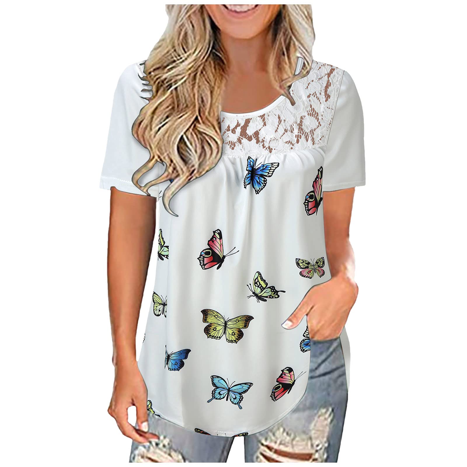 Plus Size Women's Summer Short Sleeve Lace Pleated Tunic Blouse - Flowy Casual Top for Beach, Office & Date Night Outfits