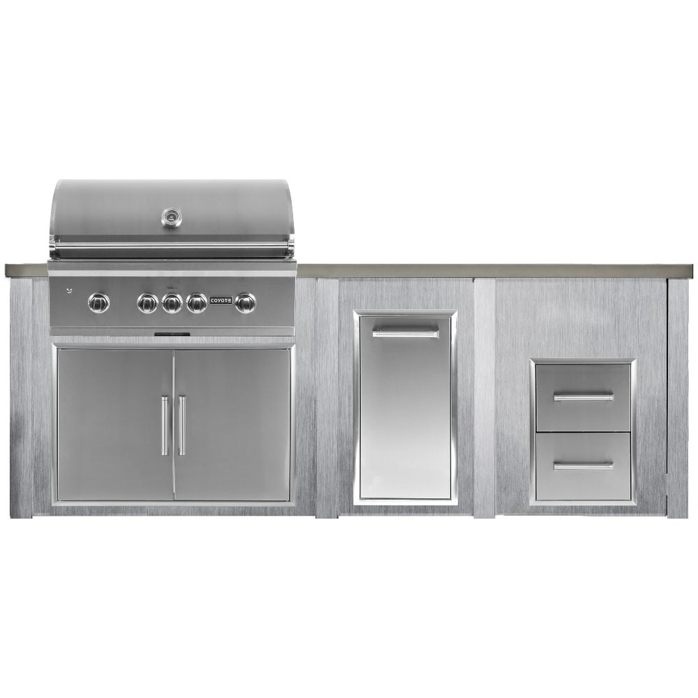 Haven 8 Ft. Outdoor Kitchen Island with Coyote Trash Center, 2 Drawer Cabinet & 36 Inch S Series Gas Grill – Perfect for Backyard BBQ, Patio Parties, and Outdoor Entertaining