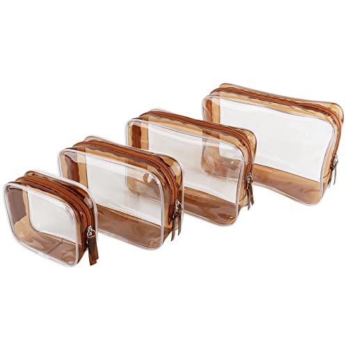 4 Pack Clear Toiletry Bags - TSA Approved Waterproof PVC Makeup Travel Organizer with Zipper for Cosmetics, Liquids & Essentials | Perfect for Air Travel, Bathroom Storage & Daily Organization (Coffee Color)