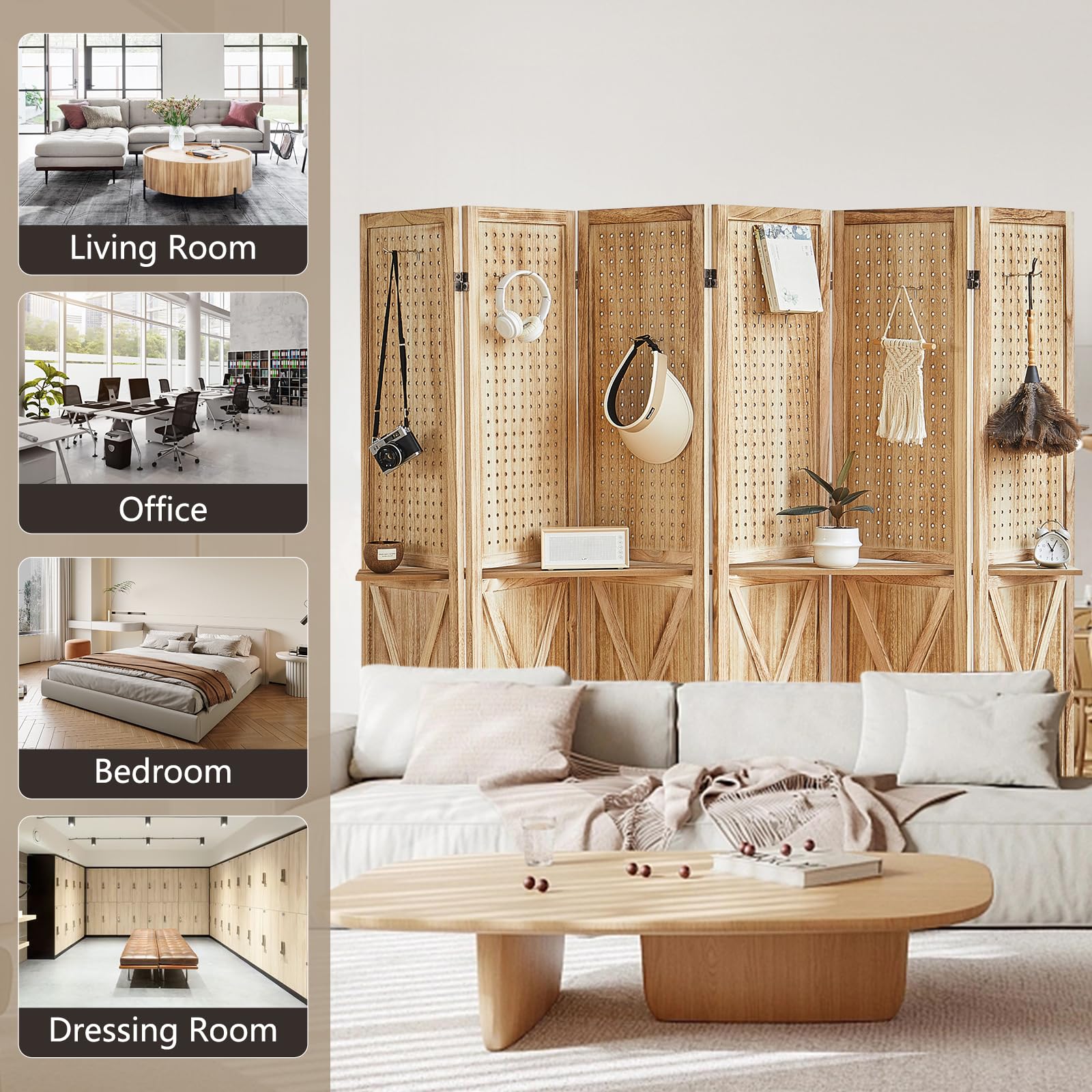 6 Panel Wooden Room Divider with Shelves - Foldable Privacy Screen & Pegboard Display for Home & Office - Natural Wood Wall Partition for Bedroom, Living Room, Retail Store (Easy to Move & Assemble) - Perfect for Space Separation, Organization & Stylish Room Decor