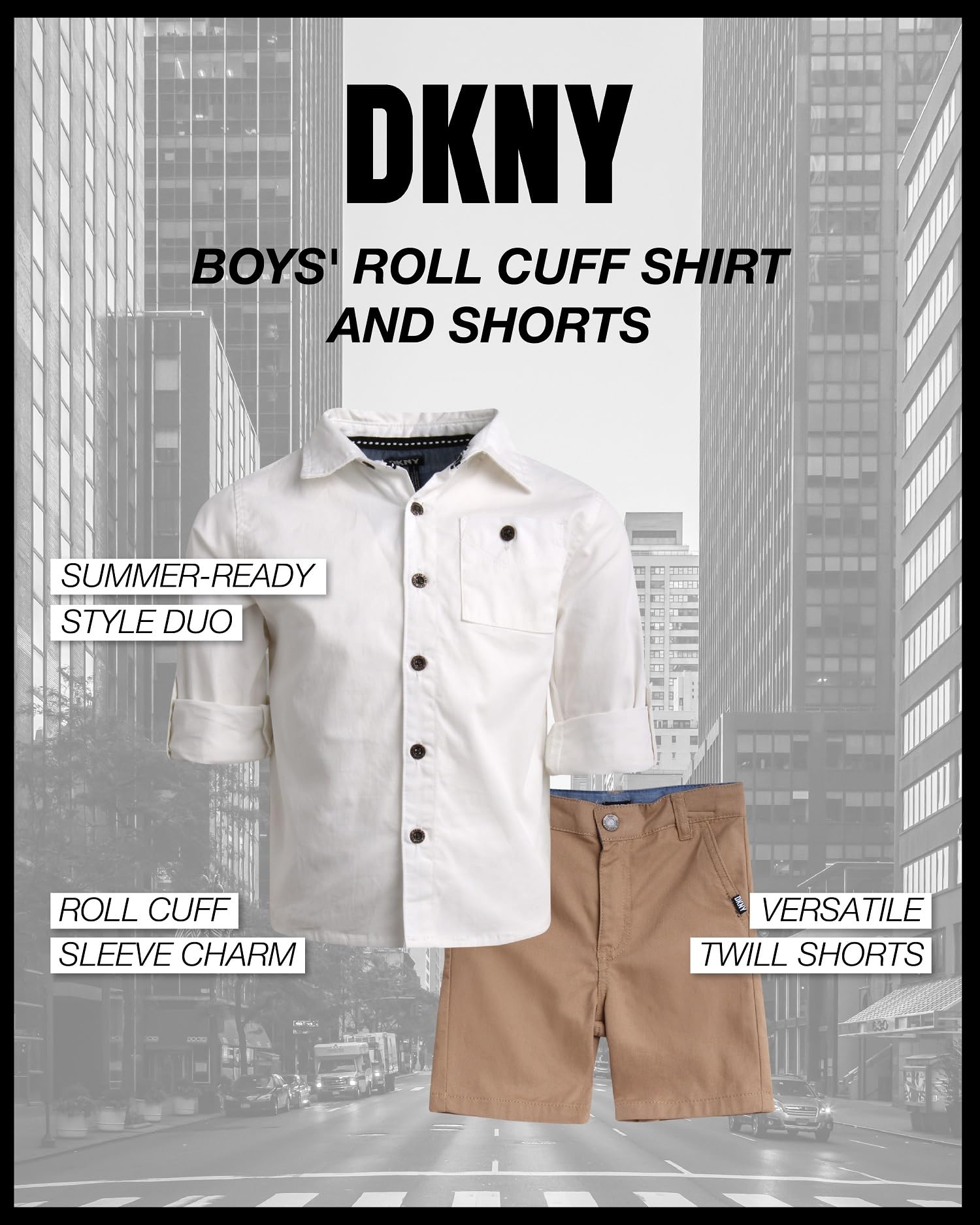DKNY Boys' Summer Outfit Set - 2 Piece Button Down Shirt & Khaki Shorts for Toddlers (2T-7) | Casual Playwear, Beach Vacation & Preschool Outfits
