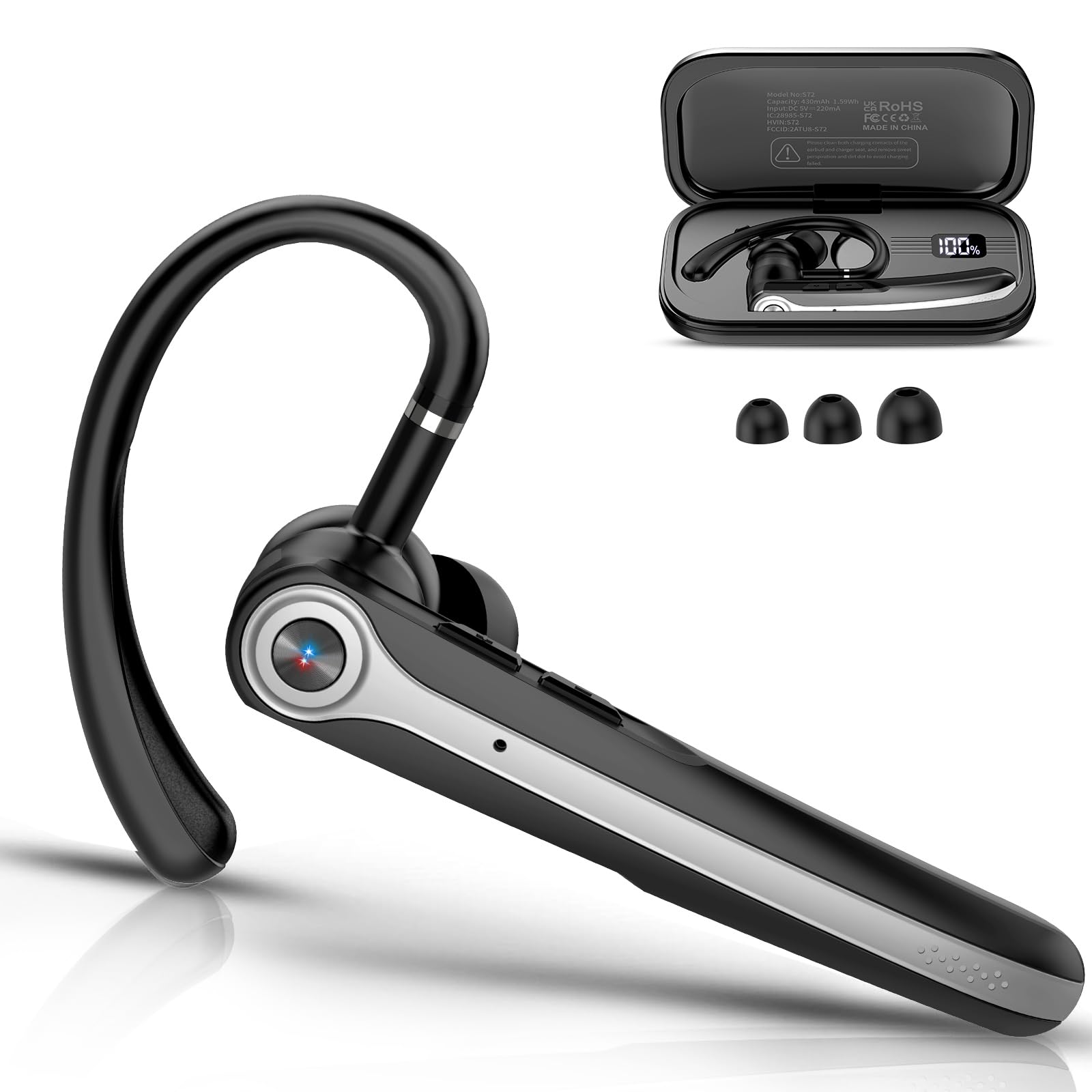Wireless Bluetooth Headset with ENC Noise Canceling Mic, 120Hrs Talk Time, LED Display, IP7 Waterproof - Single-Ear Headphones for Business, Truckers & Drivers (Black) - Perfect for Hands-Free Calls, Driving, Office & Outdoor Use