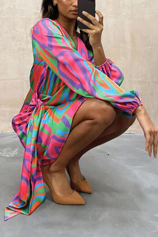 Dione Bright Abstract Print Wrap Tie Shirt Mini Dress - Women's Stylish Party & Night Out Outfit for Summer & Beach Wear
