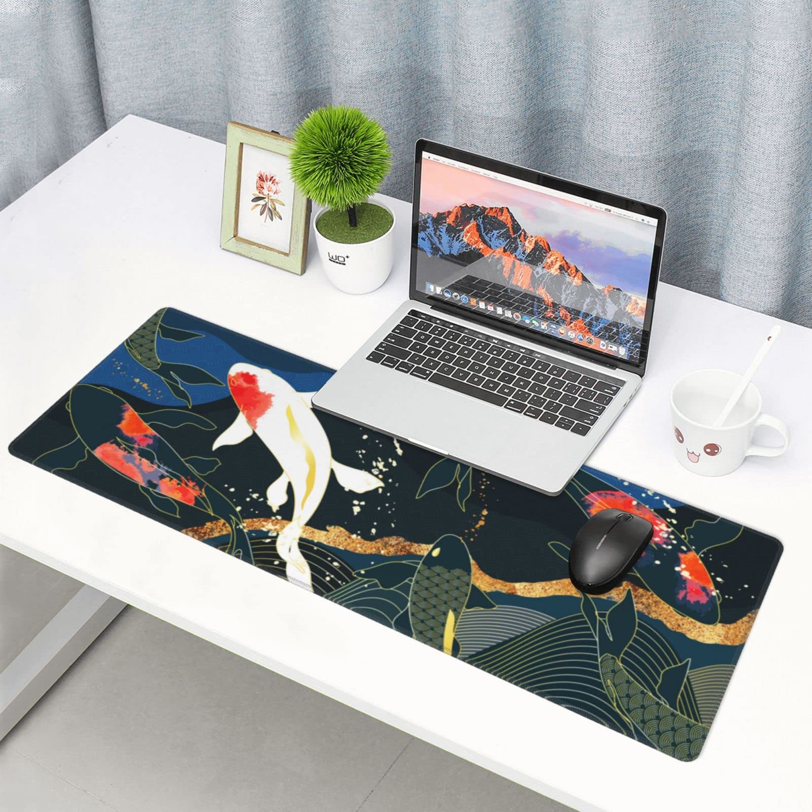 Extra Large Gaming Mouse Pad with Non-Slip Base - 31.5 x 11.8 Inch Japanese Koi Fish Design Cute Office Desk Mat for Women, Perfect for Keyboard & Mouse - Ideal for Work, Gaming & Home Office Decor
