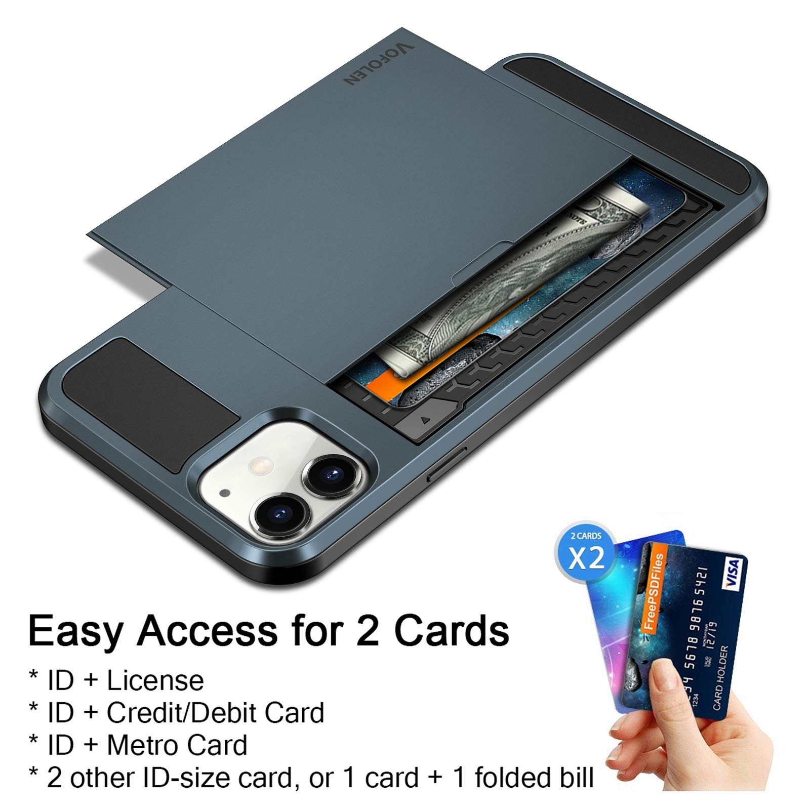 Vofolen iPhone 12 Case with Wallet & Card Holder - 5G Compatible Sliding Back Pocket Cover, Anti-Scratch Dual Layer Protection (Navy) | Perfect for Work, Travel & Everyday Use