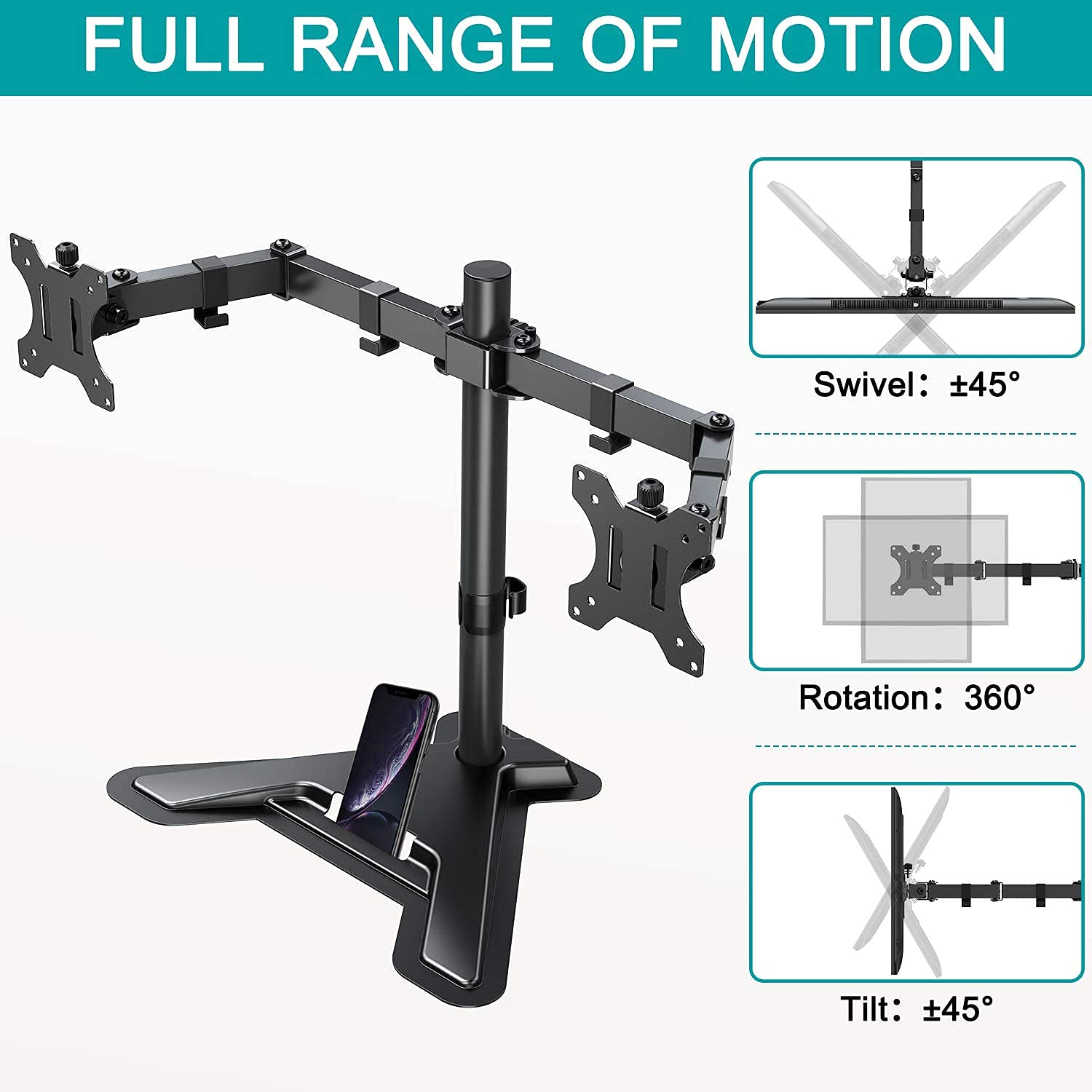 MOUNT PRO Dual Monitor Stand - Adjustable Free Standing & Wall Mount for 2 Screens up to 27 inch - Full Motion Gas Spring Monitor Arm with Height Adjustment - Perfect for Home Office, Gaming Setup & Workspace Ergonomics