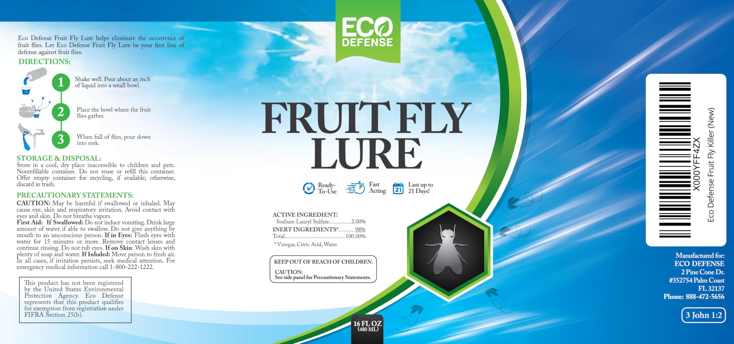 Eco Defense Fruit Fly Killer – Natural Indoor Fly Trap for Kitchen, Bathroom & Restaurants | Drain Fly Killer Treatment | Safe & Effective 16 oz | Ideal for Home, Office & Commercial Use