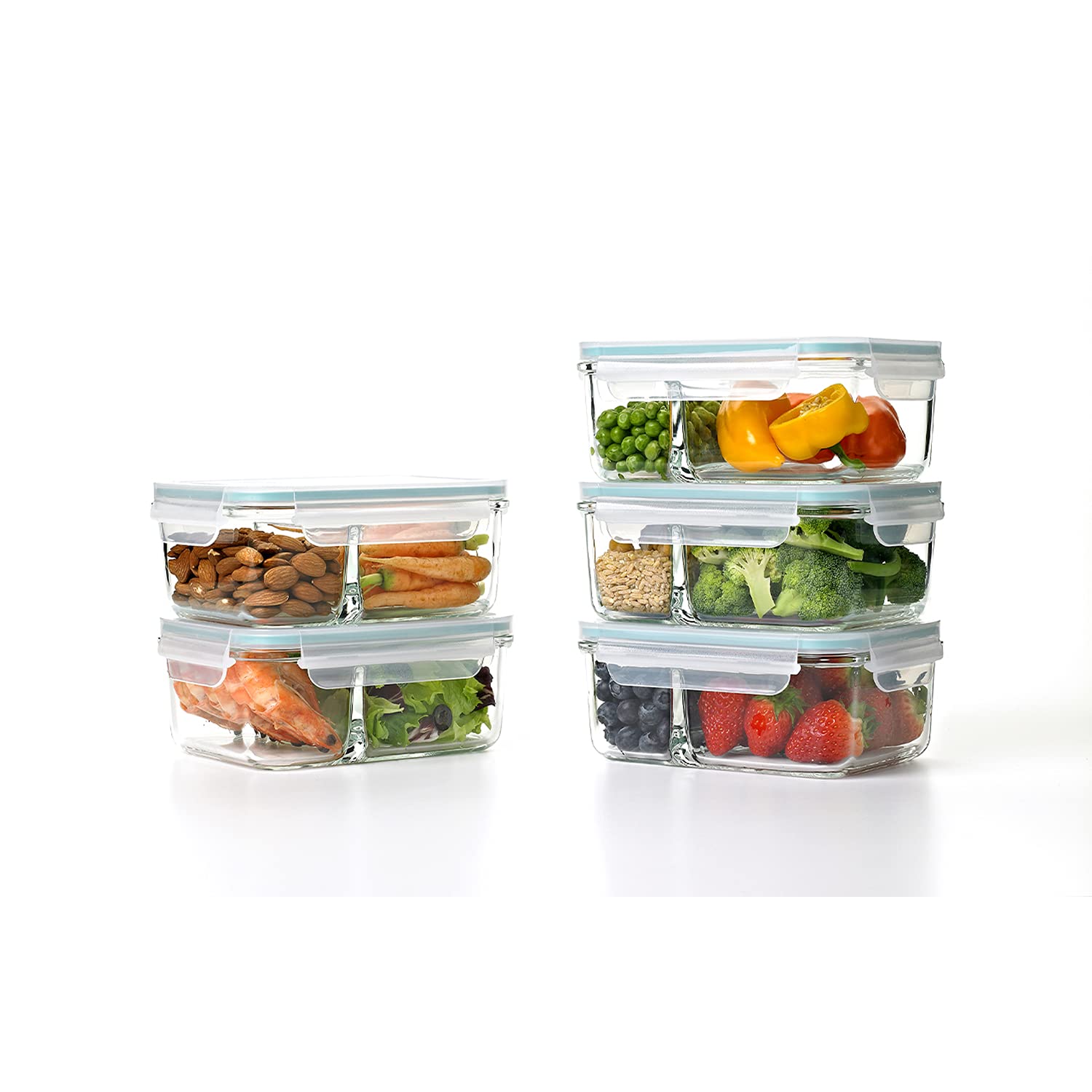 Glasslock Duo 5-Piece Clear Tempered Glass Food Storage Containers with BPA-Free Lids - Microwave, Dishwasher & Freezer Safe - Meal Prep & Leftovers Organizer for Kitchen, Office & Picnics