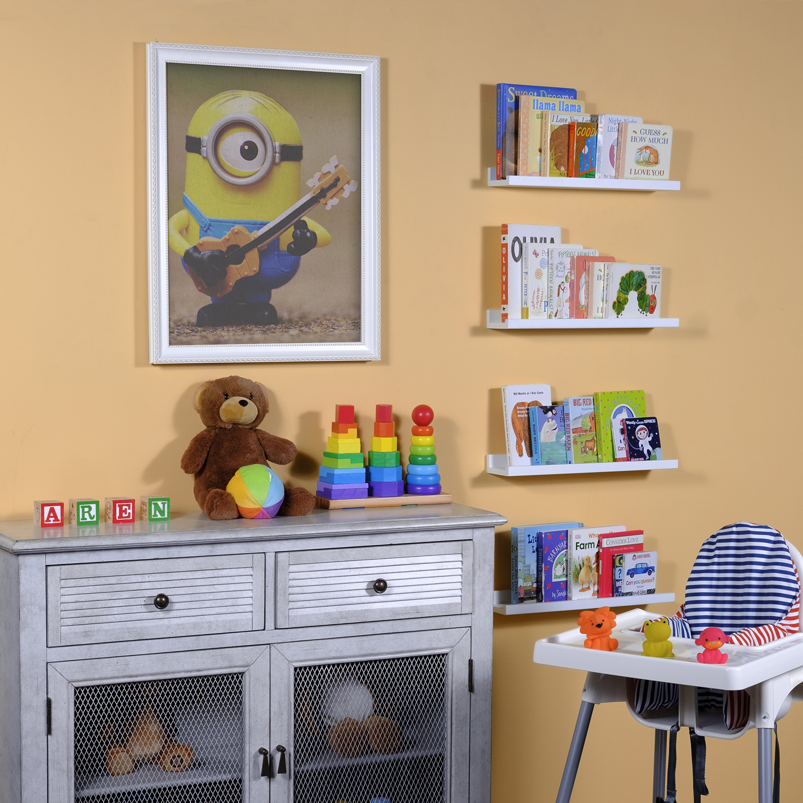 Wall Mounted Floating Shelves Set of 4 - 17 Inch White Picture Ledge for Nursery Decor, Kids Room Bookshelf & Display - Perfect for Organizing Toys, Books, and Photo Frames in Children's Bedroom or Playroom