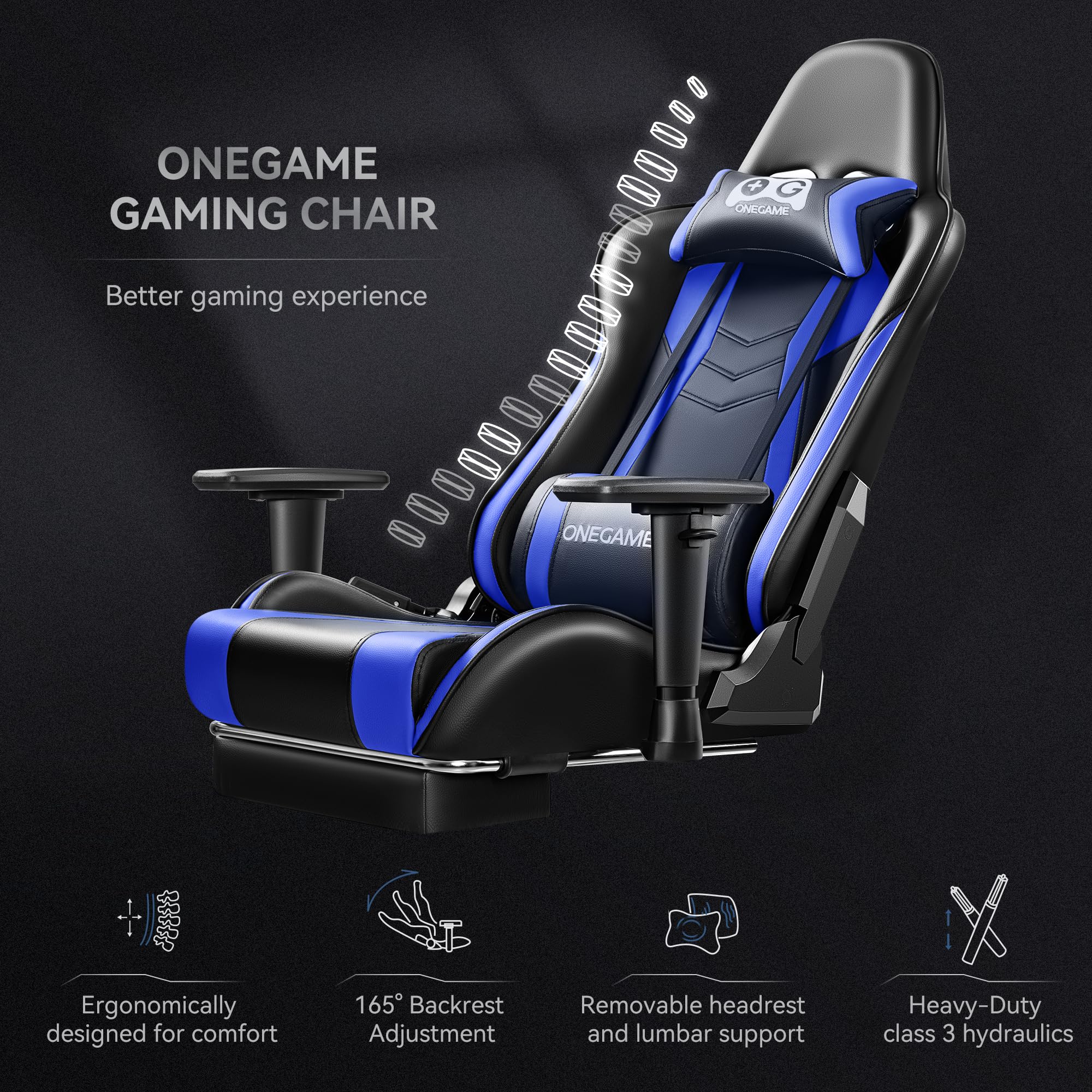 OneGame Gaming Chair - Big and Tall Ergonomic Computer Office Chair with 3D Adjustable Armrests, PU Leather Video Game Chair for PC Gaming and Work (BlackBlue) - Perfect for Home Office, Gaming Setup and Long Work Sessions