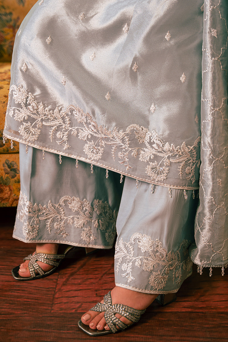 Hazy Blue 4 Piece Embroidered Zari Suit for Women – Elegant Indian Ethnic Wear for Weddings, Festivals & Special Occasions