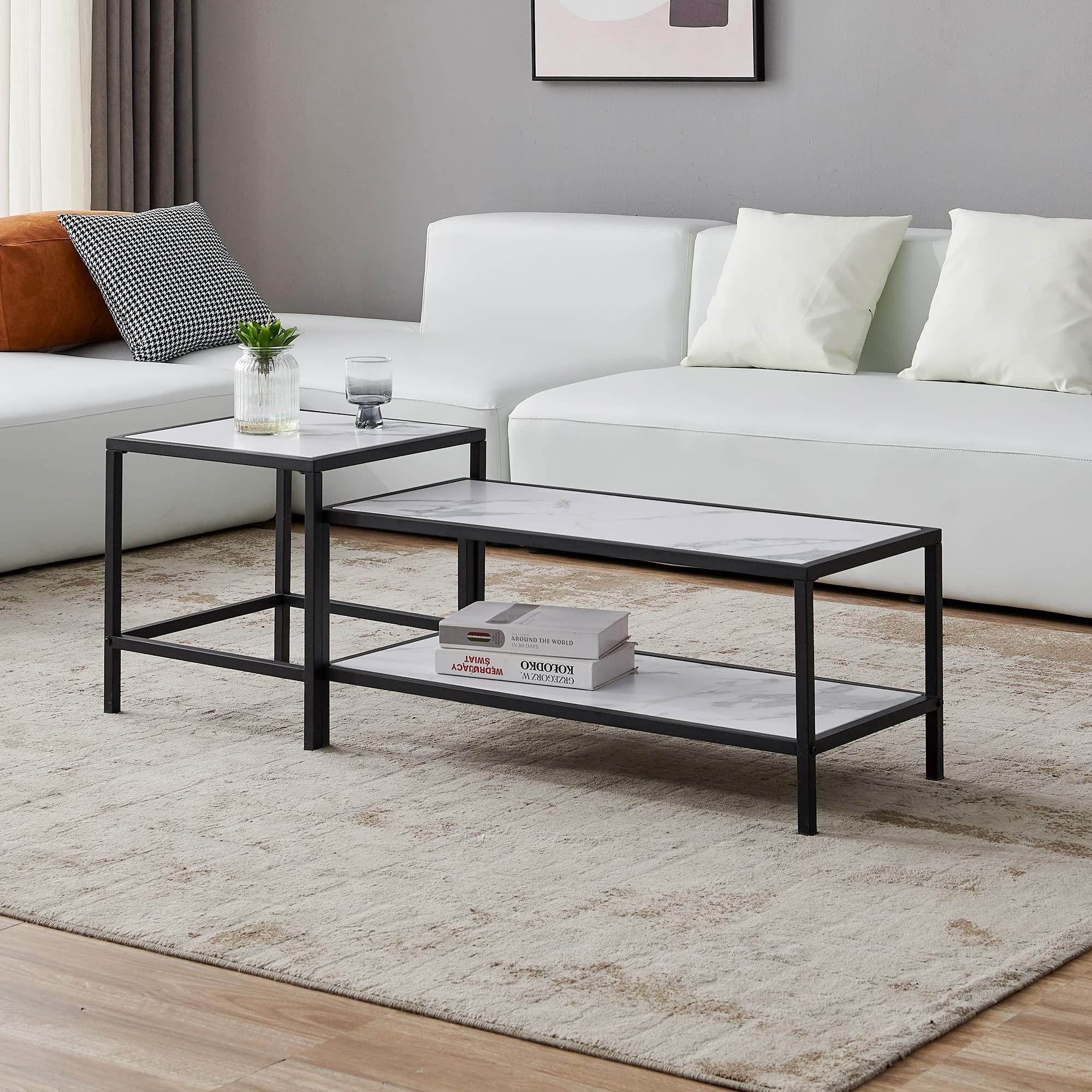 Modern Nesting Coffee Table Set of 2 - Square & Rectangle End Tables with Metal Frame and Wood Marble Top (Black) - Perfect for Living Room, Lounge, and Small Spaces