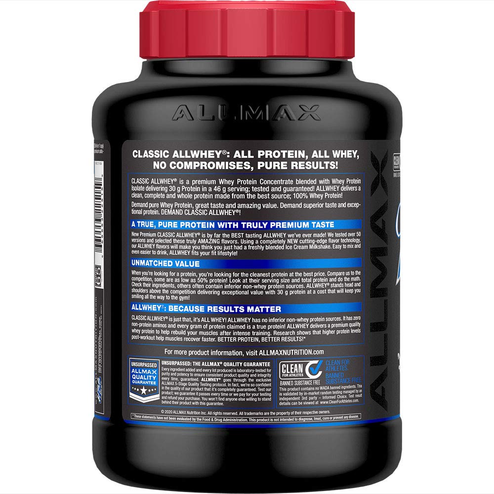 ALLMAX Nutrition AllWhey Classic Whey Protein Powder - Gluten Free, 24g Protein per Scoop, Cookies & Cream Flavor, 5 lbs (49 Servings) for Muscle Recovery & Post-Workout Nutrition