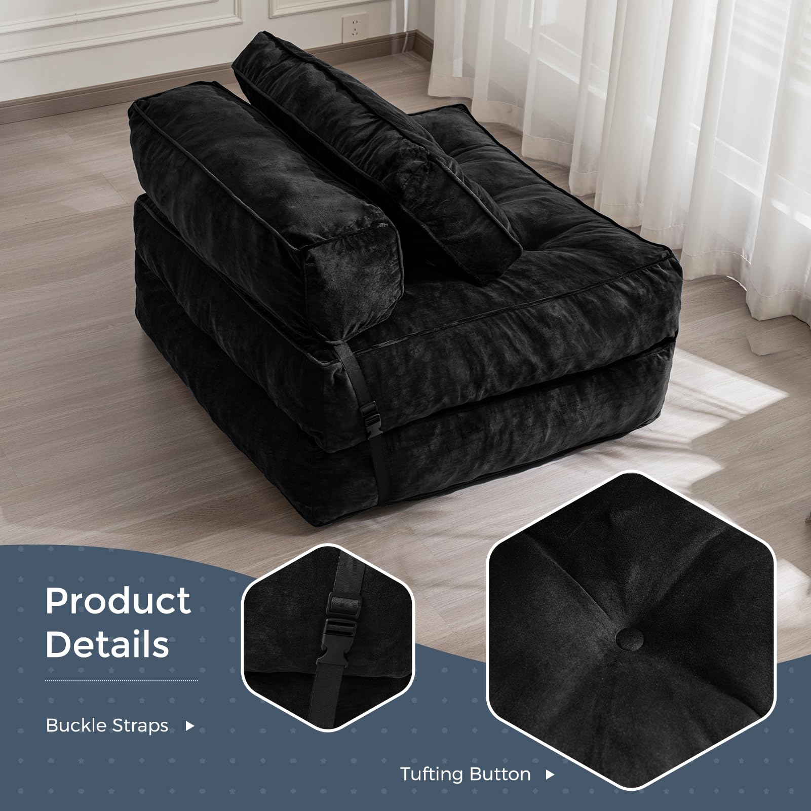 MAXYOYO Velvet Convertible Sleeper Sofa Bed - Foldable Futon Chair with Pillow for Small Spaces, Guest Room & Apartment - Portable Fold Out Bed in Black - Perfect for Living Room, Studio & Dorm