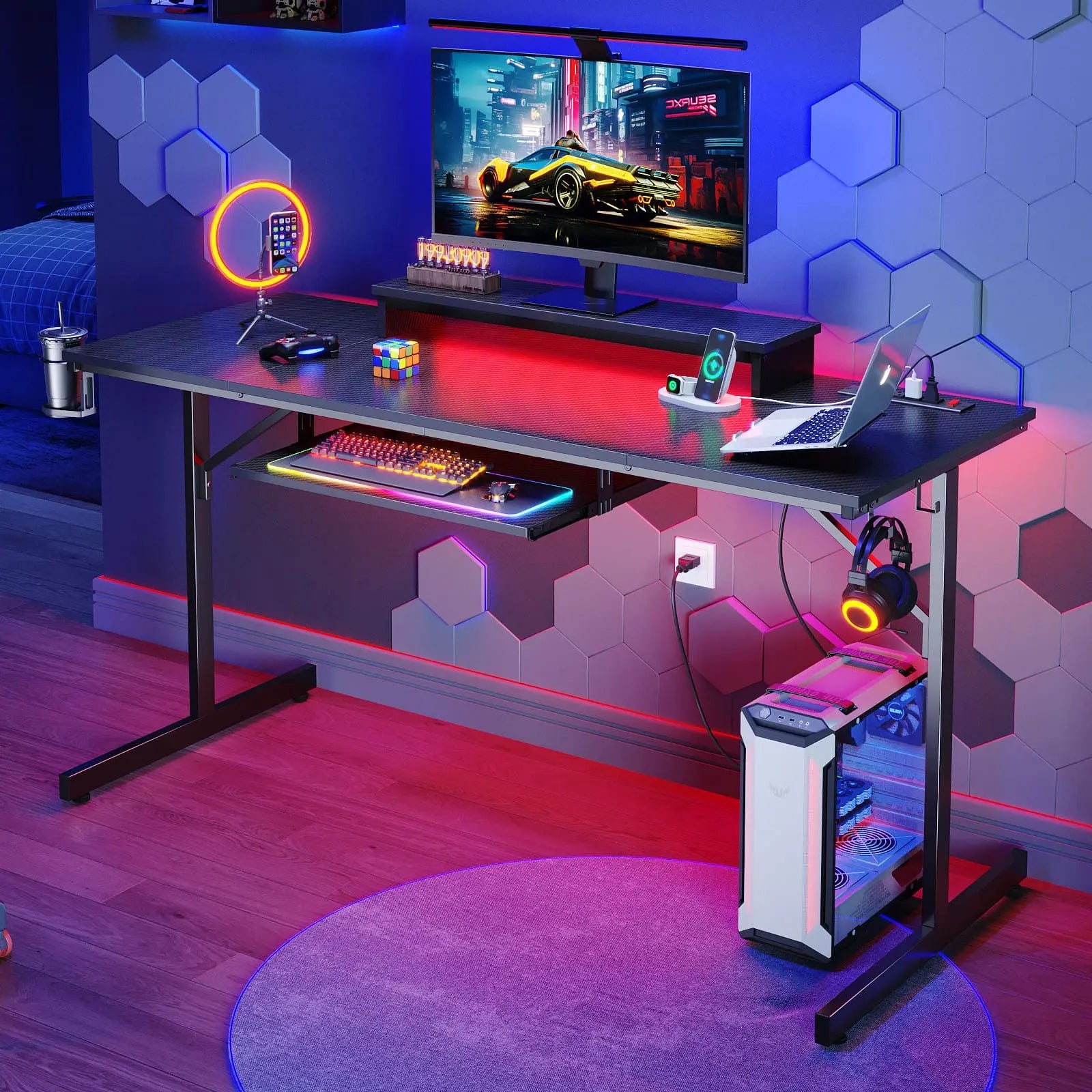 Bestier 63 Inch LED Gaming Desk with Keyboard Tray - Ergonomic Computer Desk for PC & Console Gamers - Perfect for Home Office, Streaming Setup & Esports Gaming
