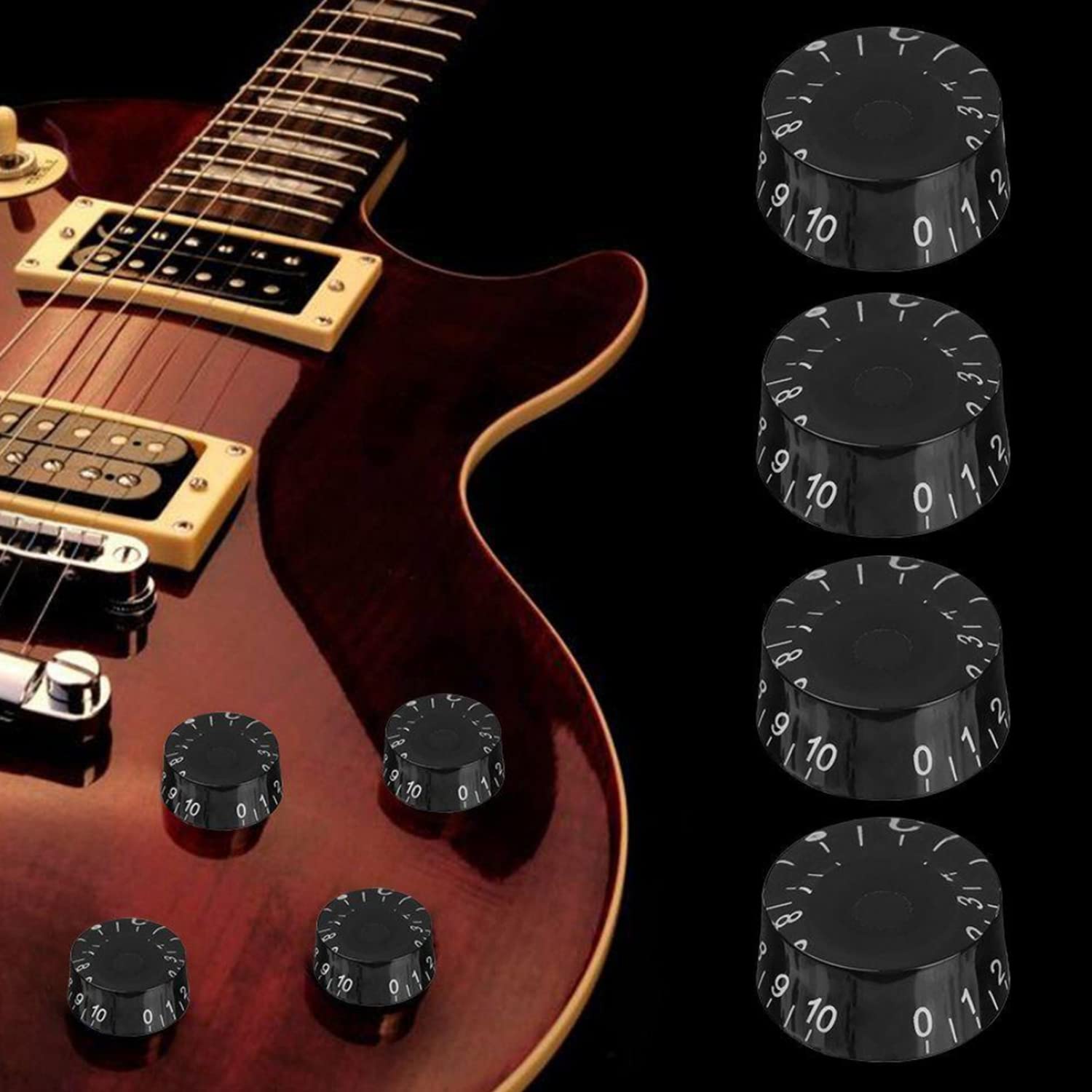 4pcs Black Electric Guitar Knobs - Speed, Volume & Tone Control Replacement for Les Paul Style Guitars (Black-White Word) | Perfect for DIY Guitar Repair & Customization