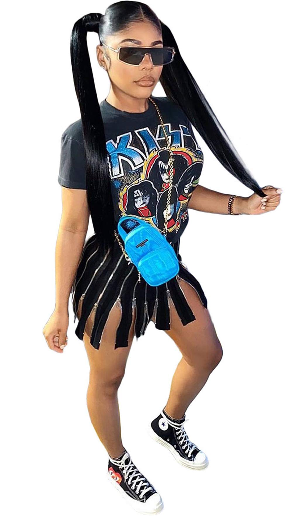 Hotheart Women's Punk Style Graffiti Print Zipper Tassel Dress - Cool Casual & Nightclub Outfit for Parties, Concerts and Streetwear Fashion