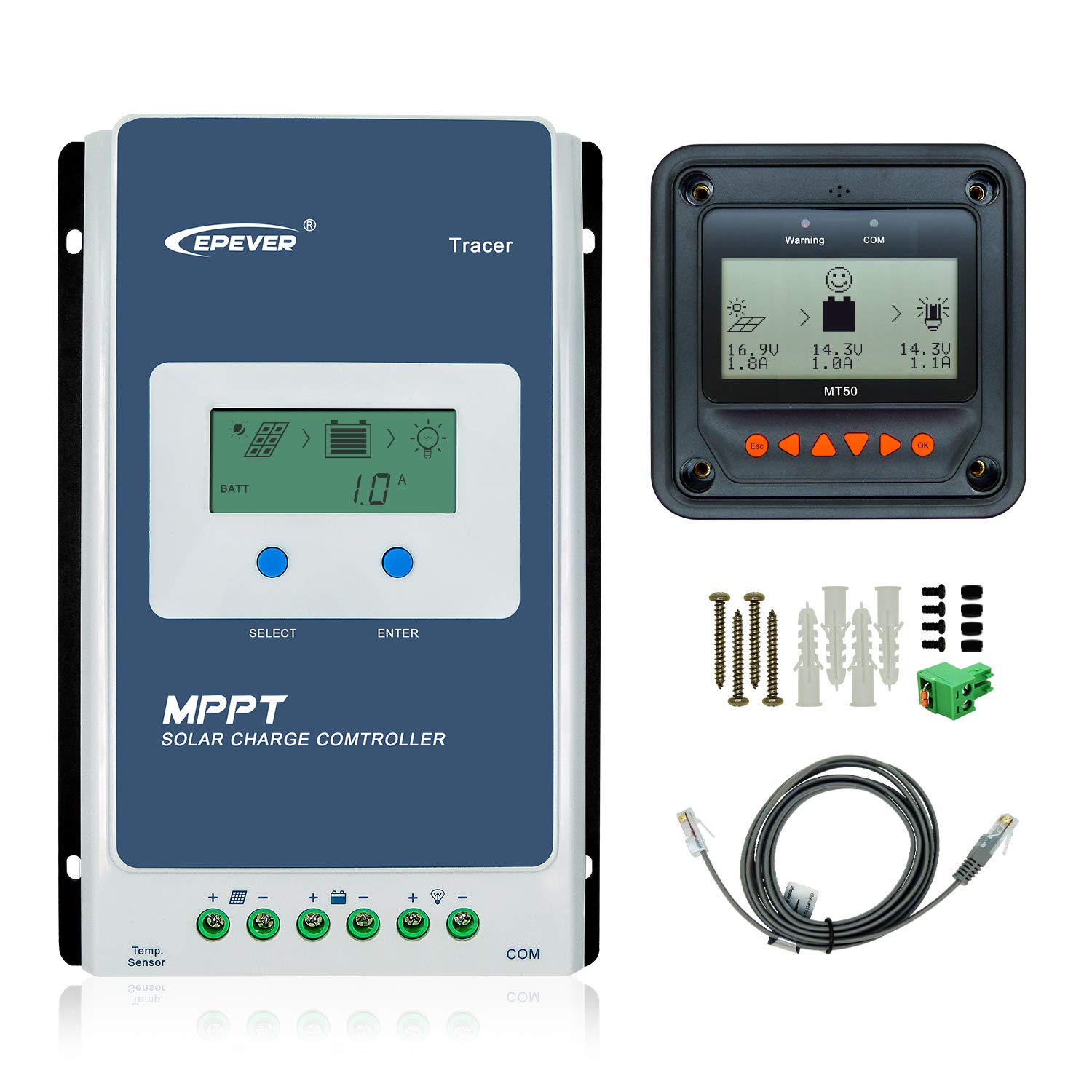 EPEVER Tracer 2210AN 20A MPPT Solar Charge Controller with LCD Display & MT50 Remote Meter for RV, Boat, Off-Grid Power System - Efficient Solar Panel Charging for Home, Camping, and Marine Use
