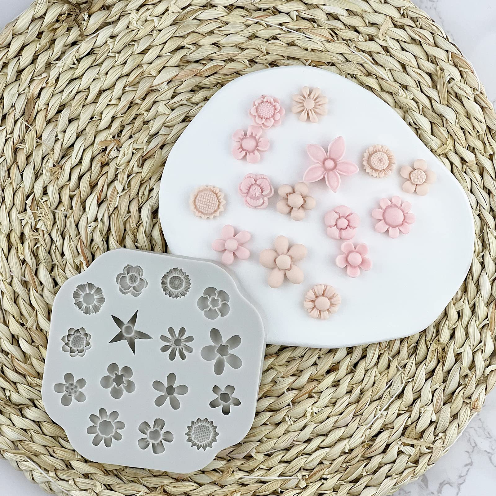 Premium 2Pcs Polymer Clay Molds for Jewelry Making - Daisy, Sunflower & Rose Miniature Silicone Molds (15 Flowers) | DIY Earrings, Pendants & Craft Decorations | Perfect for Resin Art, Polymer Clay Projects & Handmade Jewelry Gifts