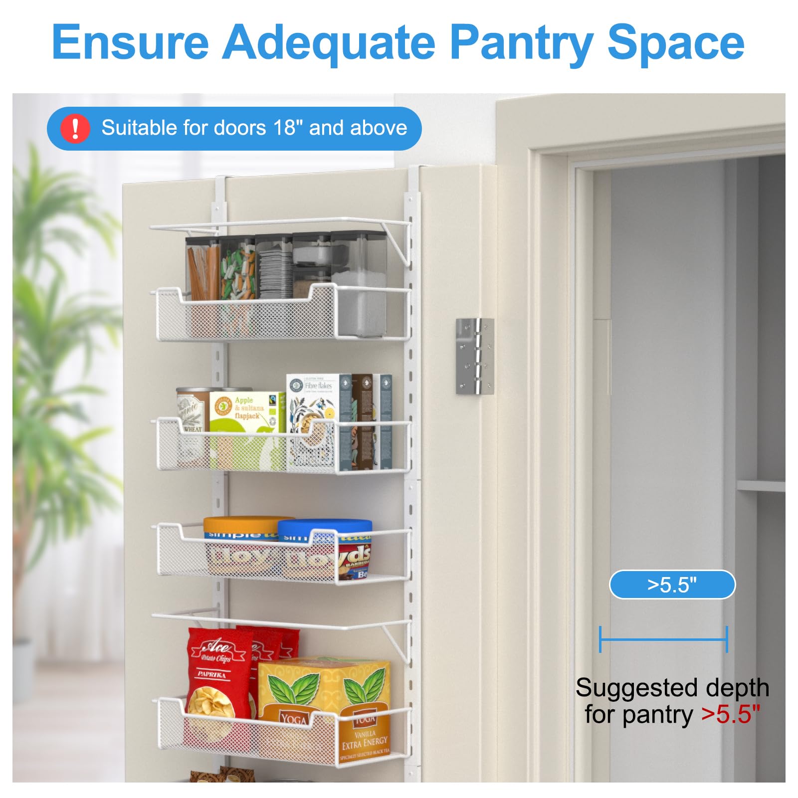 8-Tier Over the Door Pantry Organizer with Adjustable Baskets - White Space Saving Kitchen Storage for Spices, Snacks & Cleaning Supplies - Perfect for Pantry, Bedroom or Bathroom Organization